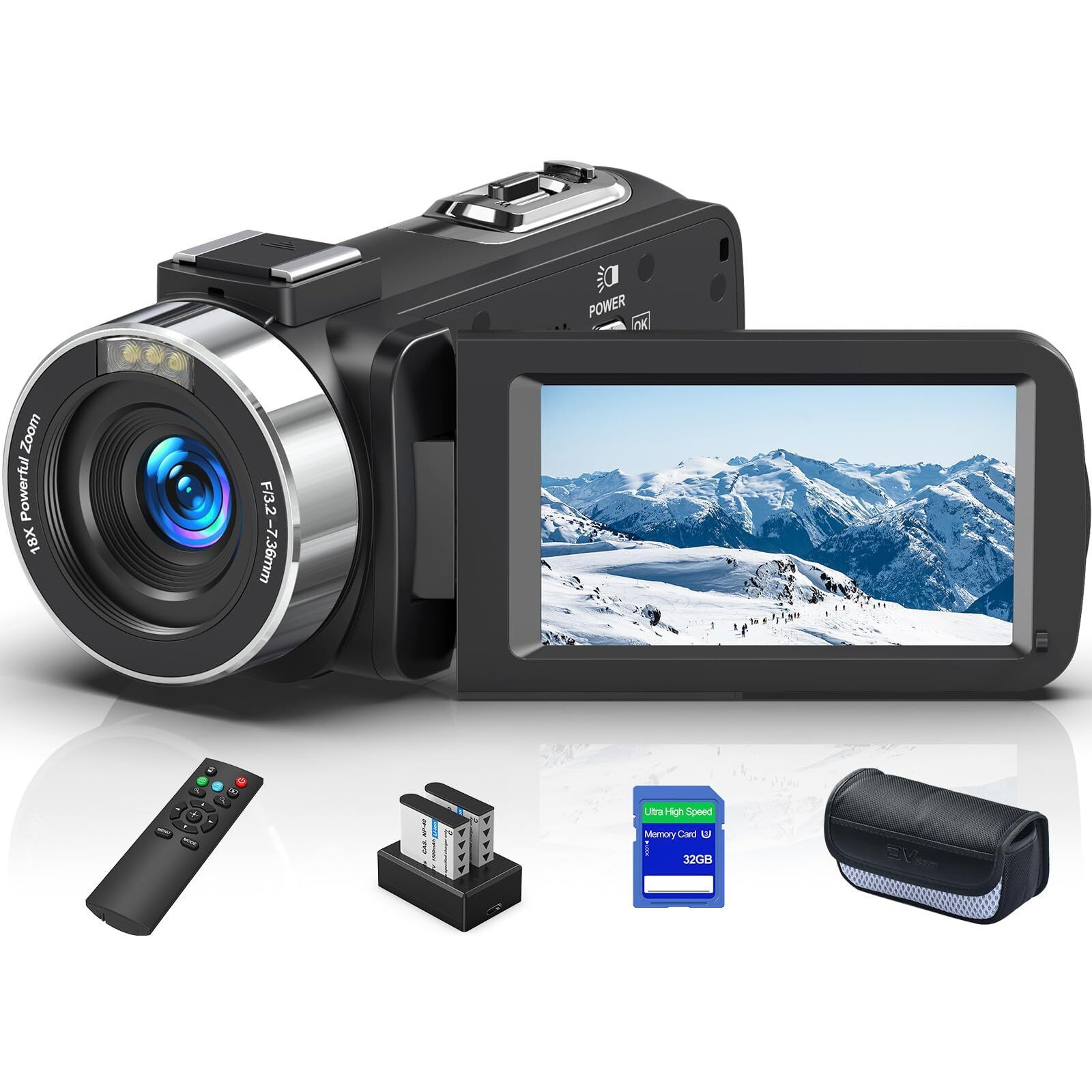 8K 64Mp Camcorder Video Camera 18X Digital Zoom Youtube Vlogging Camera Webcam Ir Night Vision Wifi 3.0 Touch Screen Camcorders With Microphone  32G Sd Card  Remote Control And 2 Batteries