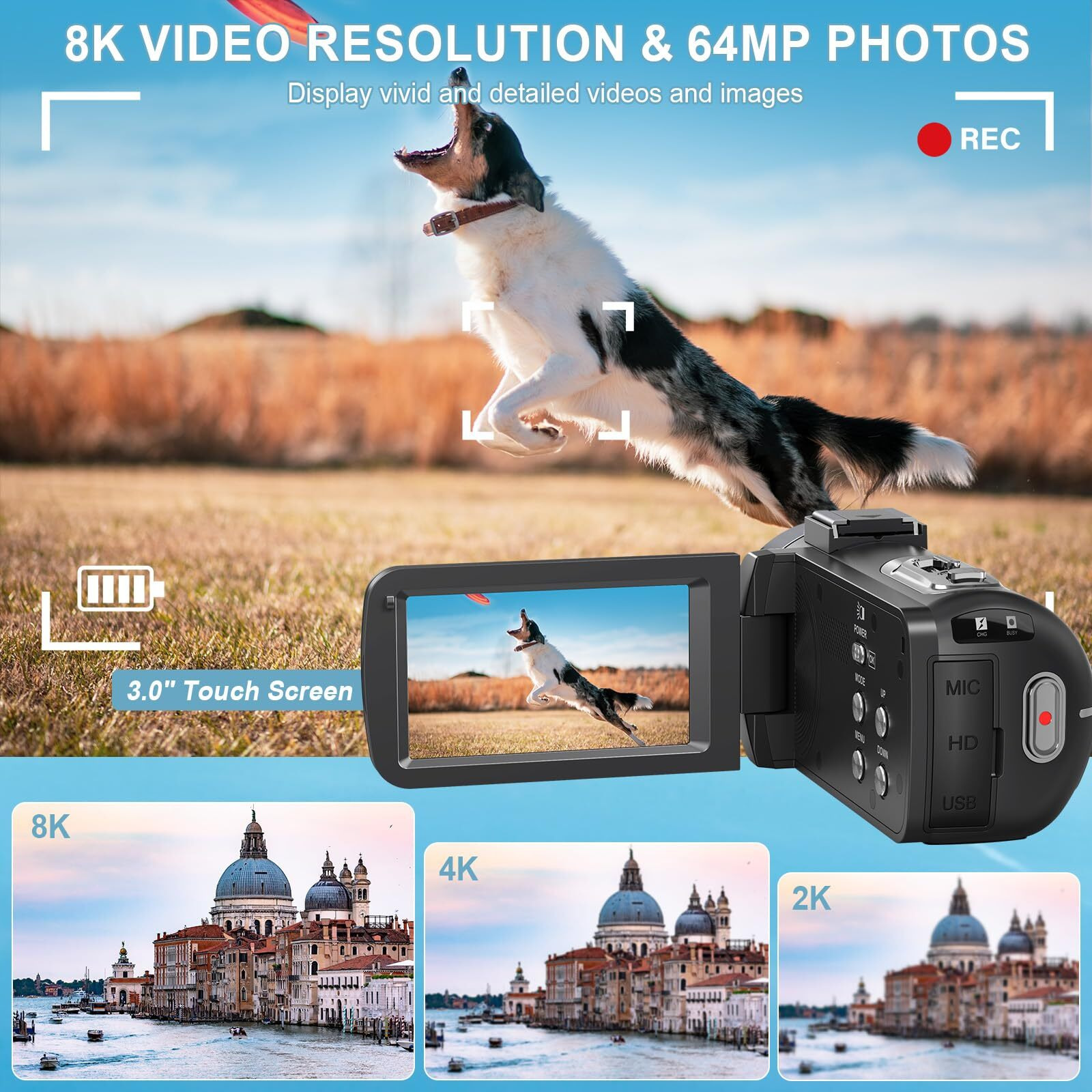 8K 64Mp Camcorder Video Camera 18X Digital Zoom Youtube Vlogging Camera Webcam Ir Night Vision Wifi 3.0 Touch Screen Camcorders With Microphone  32G Sd Card  Remote Control And 2 Batteries