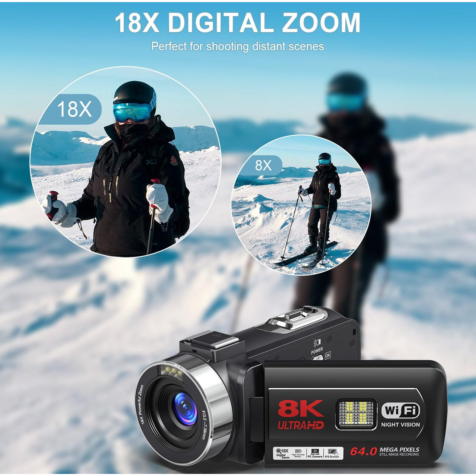 8K 64Mp Camcorder Video Camera 18X Digital Zoom Youtube Vlogging Camera Webcam Ir Night Vision Wifi 3.0 Touch Screen Camcorders With Microphone  32G Sd Card  Remote Control And 2 Batteries