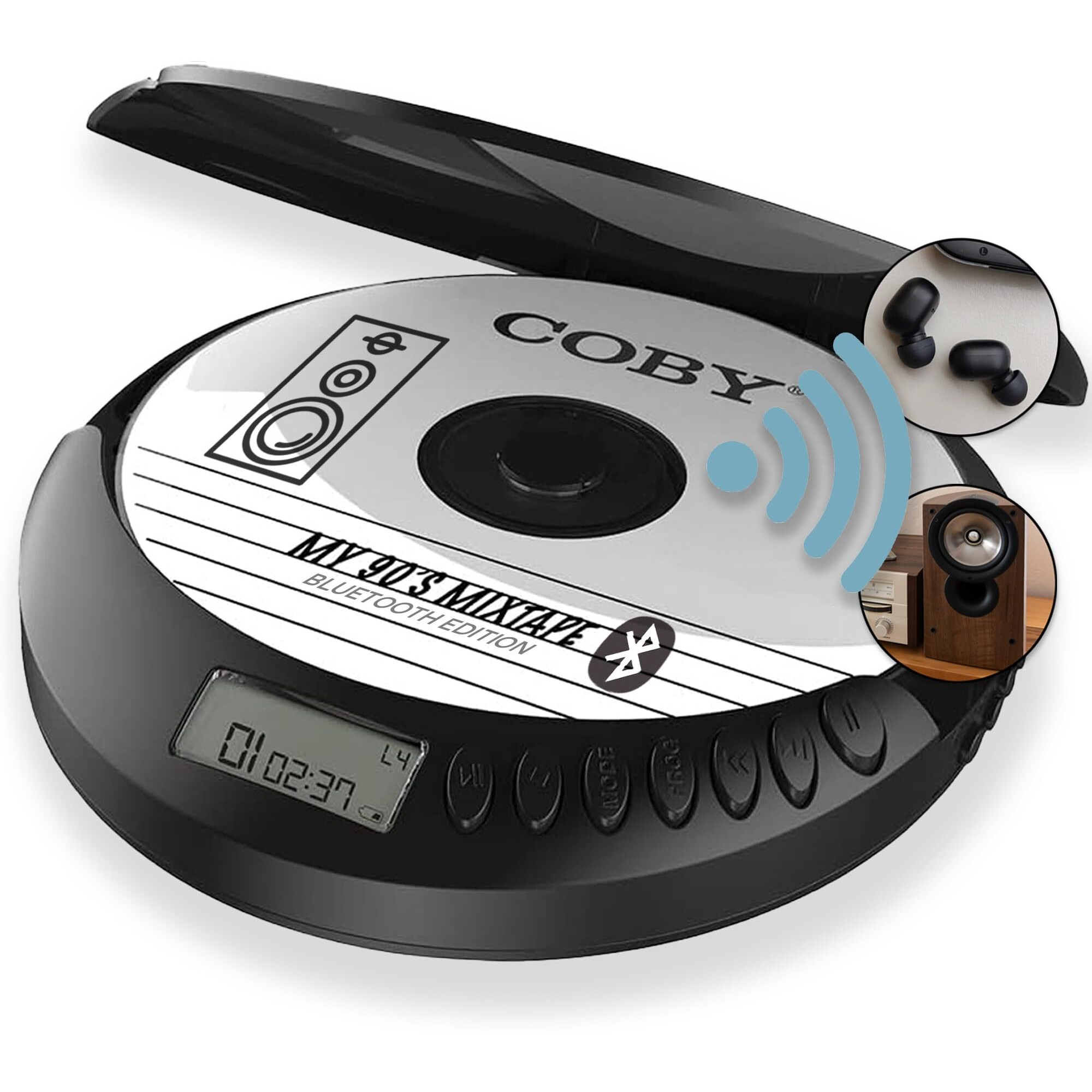 Coby Cd Player Portable Bluetooth Cd Player For Car  Headphones  Fm  Aux  Mp3 Anti-Skip Cd Player For Home  Compact Discman  Rechargeable  Lightweight