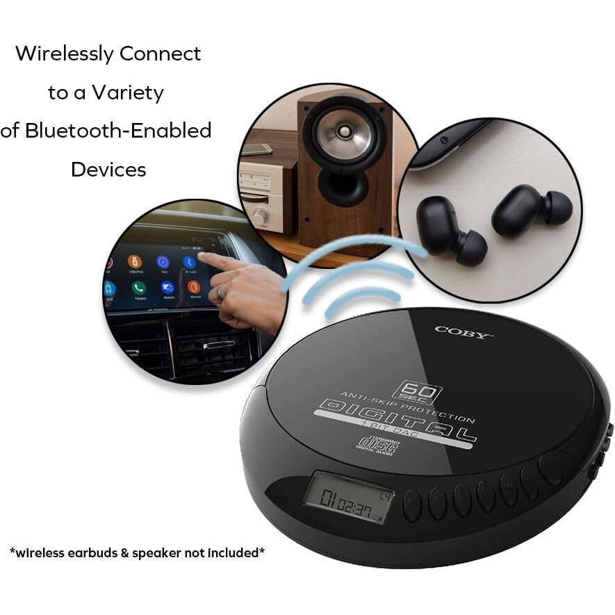 Coby Cd Player Portable Bluetooth Cd Player For Car  Headphones  Fm  Aux  Mp3 Anti-Skip Cd Player For Home  Compact Discman  Rechargeable  Lightweight
