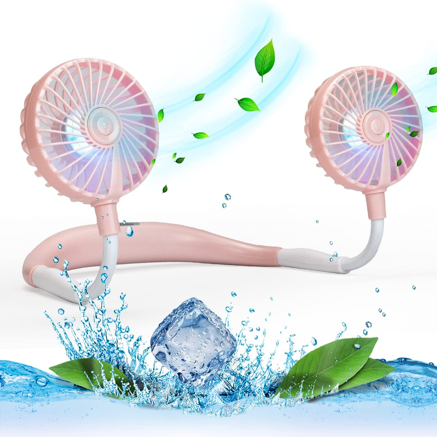 Vagau Portable Cooling Neck Fan  Rechargeable Usb Personal Neck Fan With Colorful Led Lights  360 Rotation  Wearable Neck Fan Air Conditioner For Office Travel Sport  3 Adjustable Speeds(Pink)