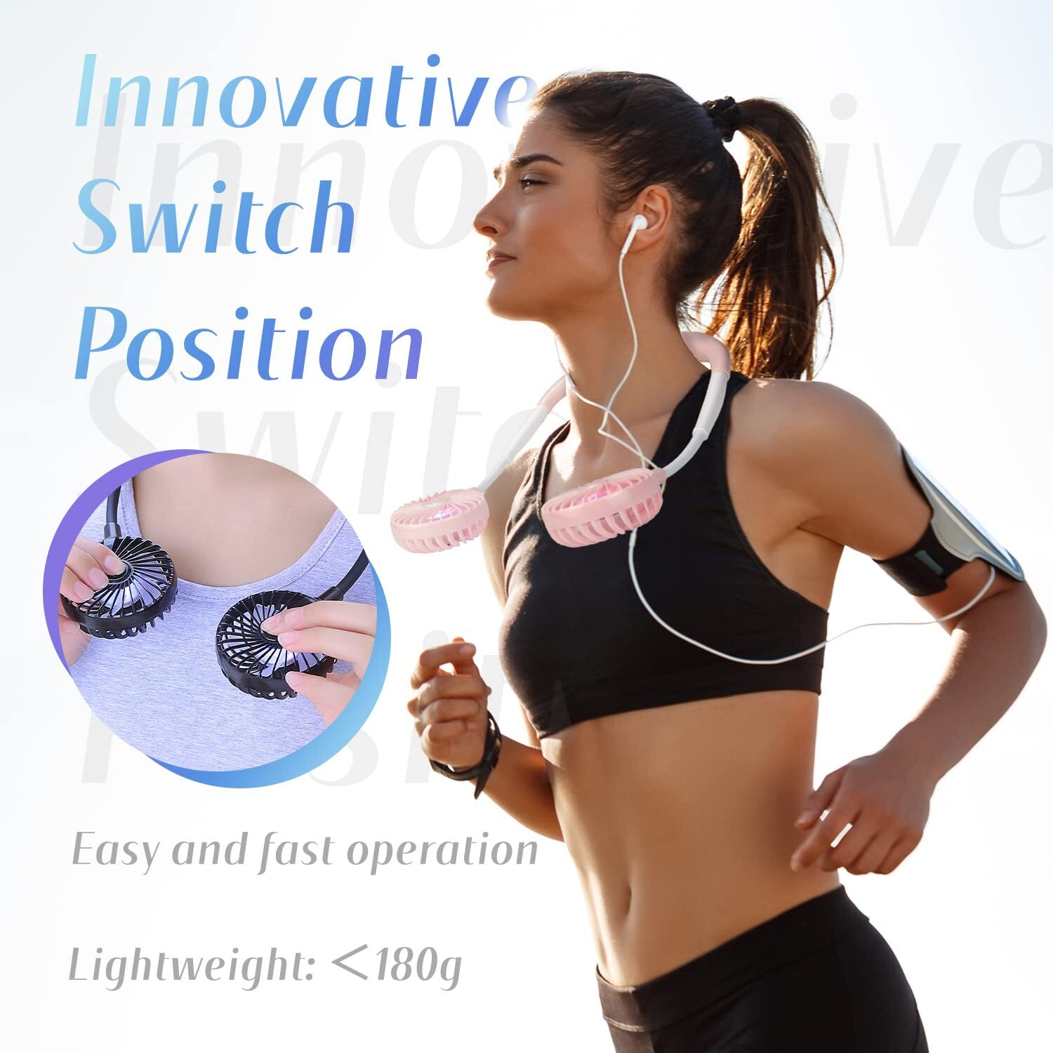 Vagau Portable Cooling Neck Fan  Rechargeable Usb Personal Neck Fan With Colorful Led Lights  360 Rotation  Wearable Neck Fan Air Conditioner For Office Travel Sport  3 Adjustable Speeds(Pink)