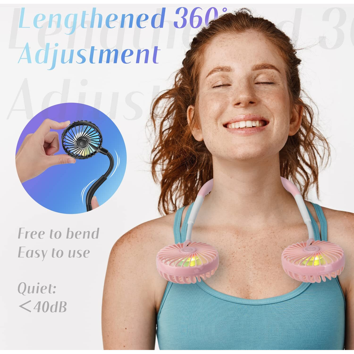 Vagau Portable Cooling Neck Fan  Rechargeable Usb Personal Neck Fan With Colorful Led Lights  360 Rotation  Wearable Neck Fan Air Conditioner For Office Travel Sport  3 Adjustable Speeds(Pink)