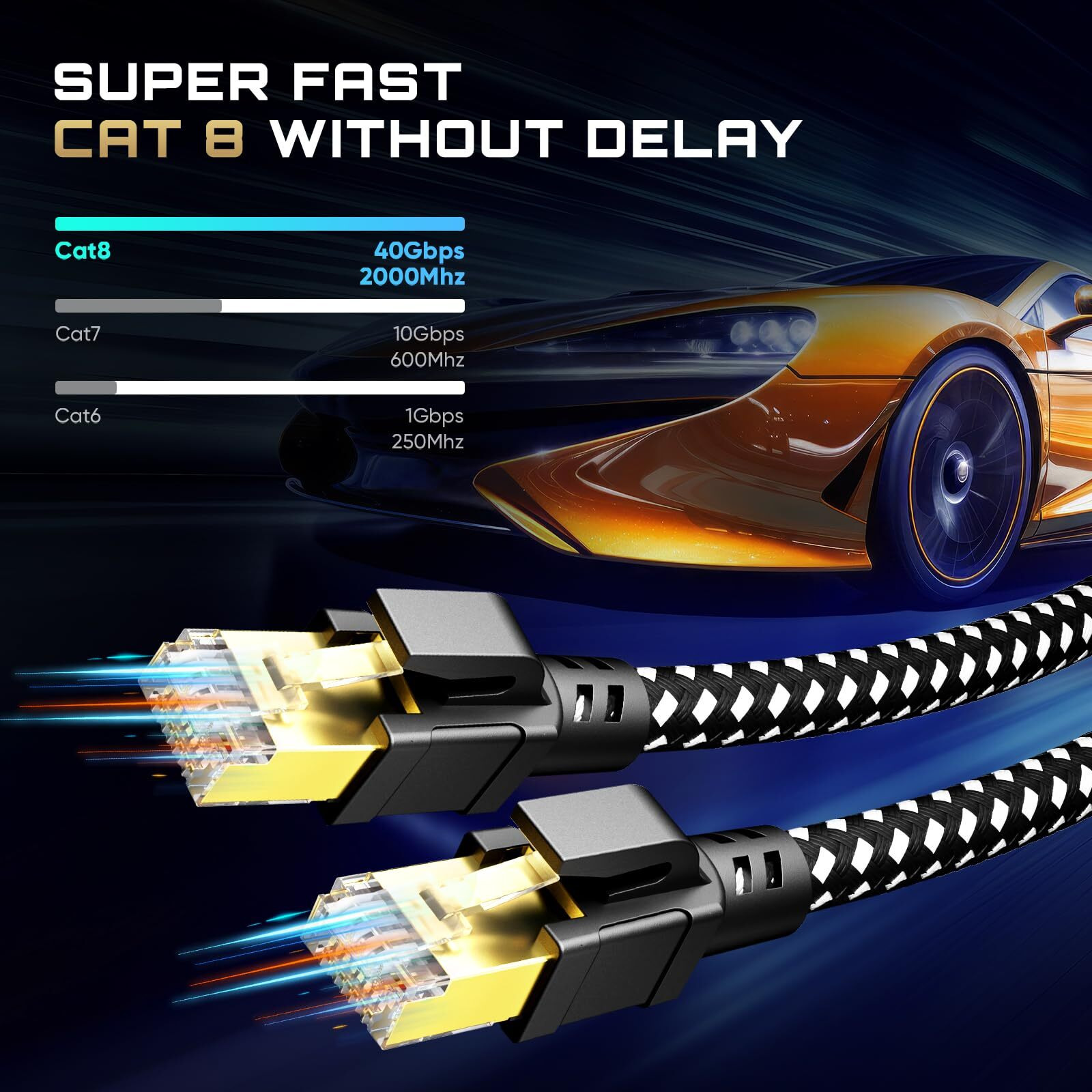 Busohe Cat 8 Ethernet Cable 10 Ft  High Speed 40Gbps 2000Mhz Braided Network Internet Cable With Gold Plated Rj45 Connector  Heavy Duty Lan Cable S/Ftp Uv Resistant For Router/Gaming/Pc