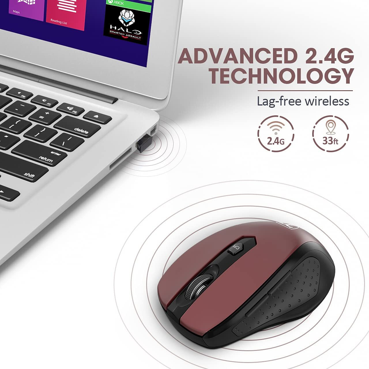 Hotweems Wireless Mouse  D-09 Computer Mouse Usb Cordless Mice For Laptop  Ergo Grips  Lightspeed 5-Level 2400 Dpi  16 Months Battery  Portable For Pc Mac Chromebook (Red  1 Pack)