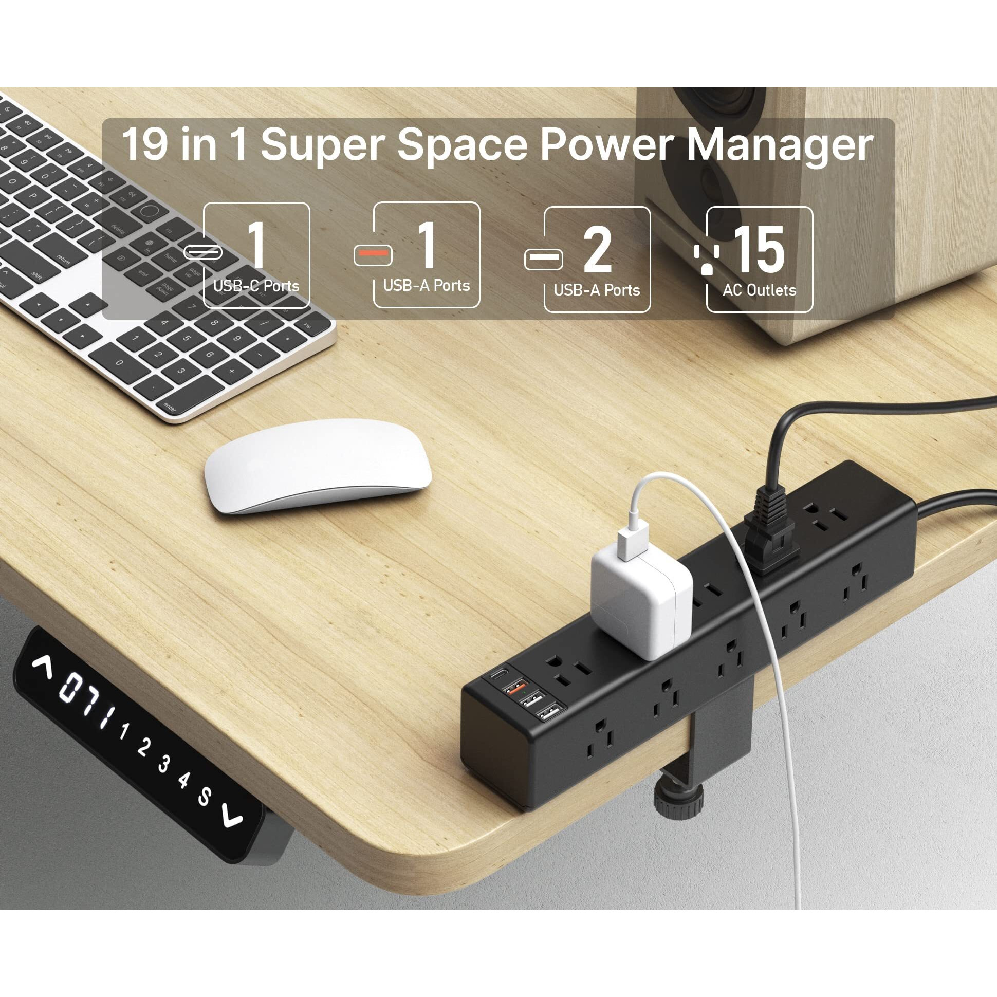 Cccei Standing Desk Clamp Power Strip With 15 Outlets  Widely Spaced Desktop Edge Mount Surge Protector Outlet  Fast Charging Usb-A And Usb-C Ports  6 Ft Flat Plug  Black Fit 1.6 Inch Table Top.