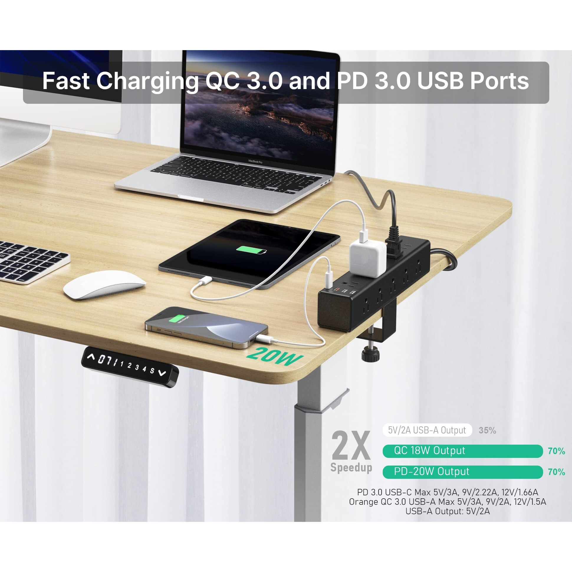 Cccei Standing Desk Clamp Power Strip With 15 Outlets  Widely Spaced Desktop Edge Mount Surge Protector Outlet  Fast Charging Usb-A And Usb-C Ports  6 Ft Flat Plug  Black Fit 1.6 Inch Table Top.