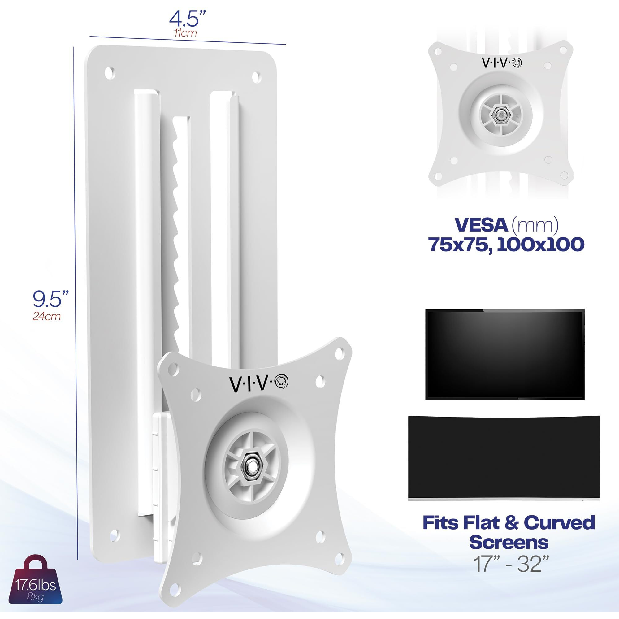 Vivo Height Adjustable 17 To 32 Inch Single Monitor Articulating Wall Mount For Standing Workstations  Fits 1 Screen With Max Vesa 100X100Mm  White  Mount-Vw01Aw