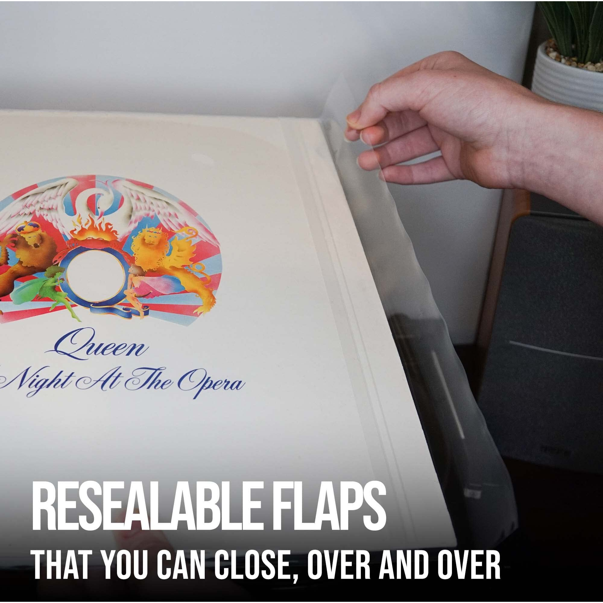 Resealable Record Outer Sleeves For 12"" Vinyl Records (75 Pack) | 3 Mil Polypropylene Covers With Flap | Premium Vinyl Protective Sleeves That Cover And Seal Albums Completely To Prevent Damage