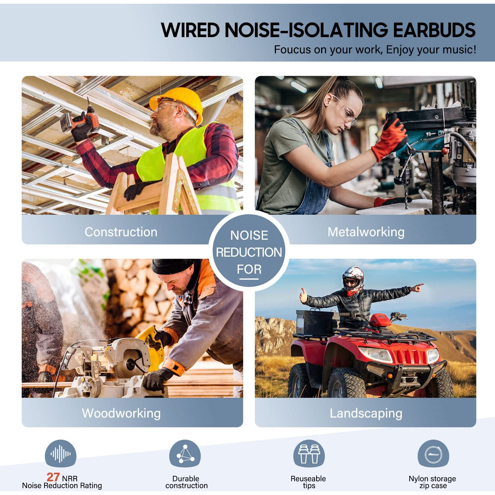 Powblubud Ear Plug Headphones For Work  Work Safety Earbuds | Noise Reducing Sweatproof Hidden In-Ear Headphones  Isolating Earplugs  Osha Compliant Hearing Protection For Industrial Construction
