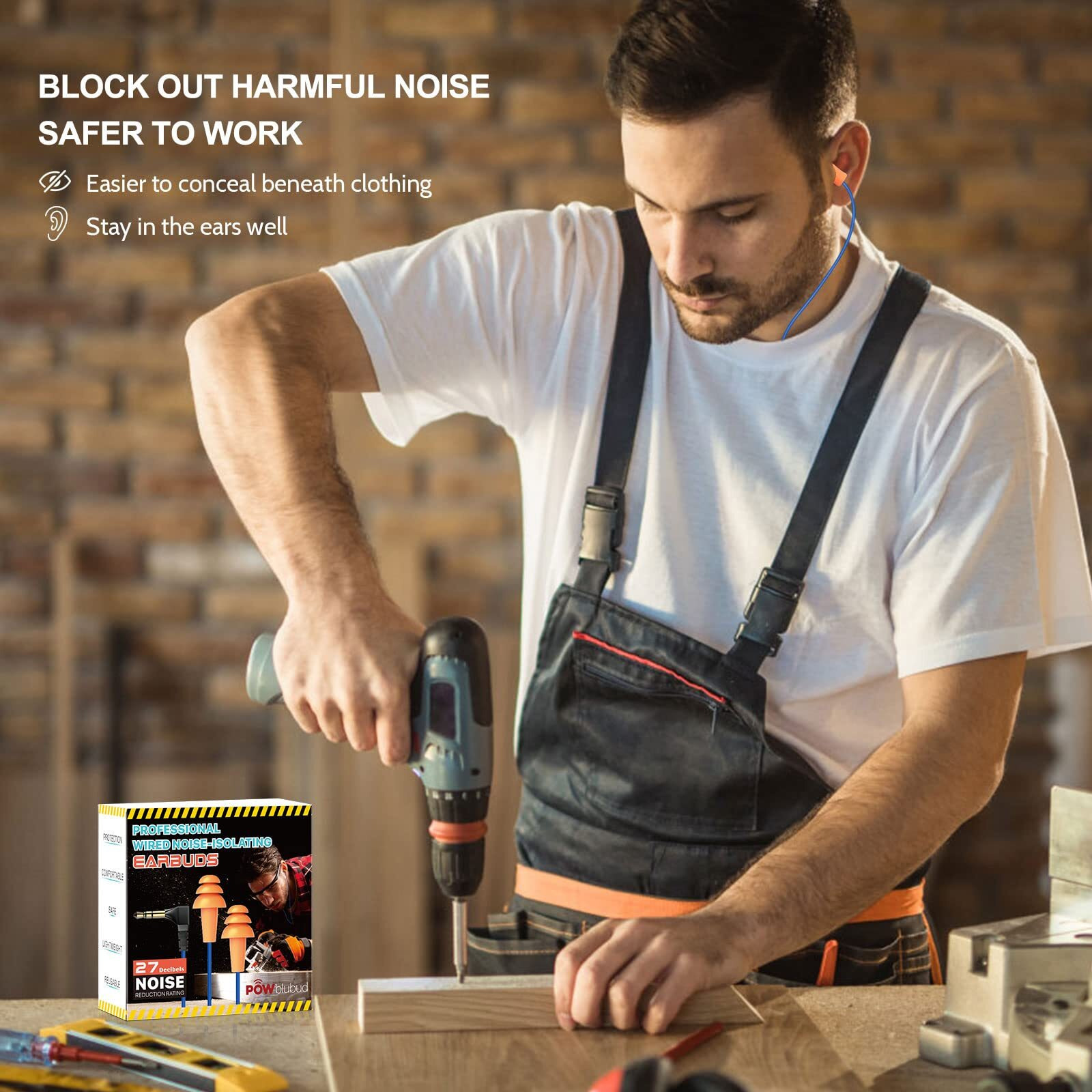 Powblubud Ear Plug Headphones For Work  Work Safety Earbuds | Noise Reducing Sweatproof Hidden In-Ear Headphones  Isolating Earplugs  Osha Compliant Hearing Protection For Industrial Construction