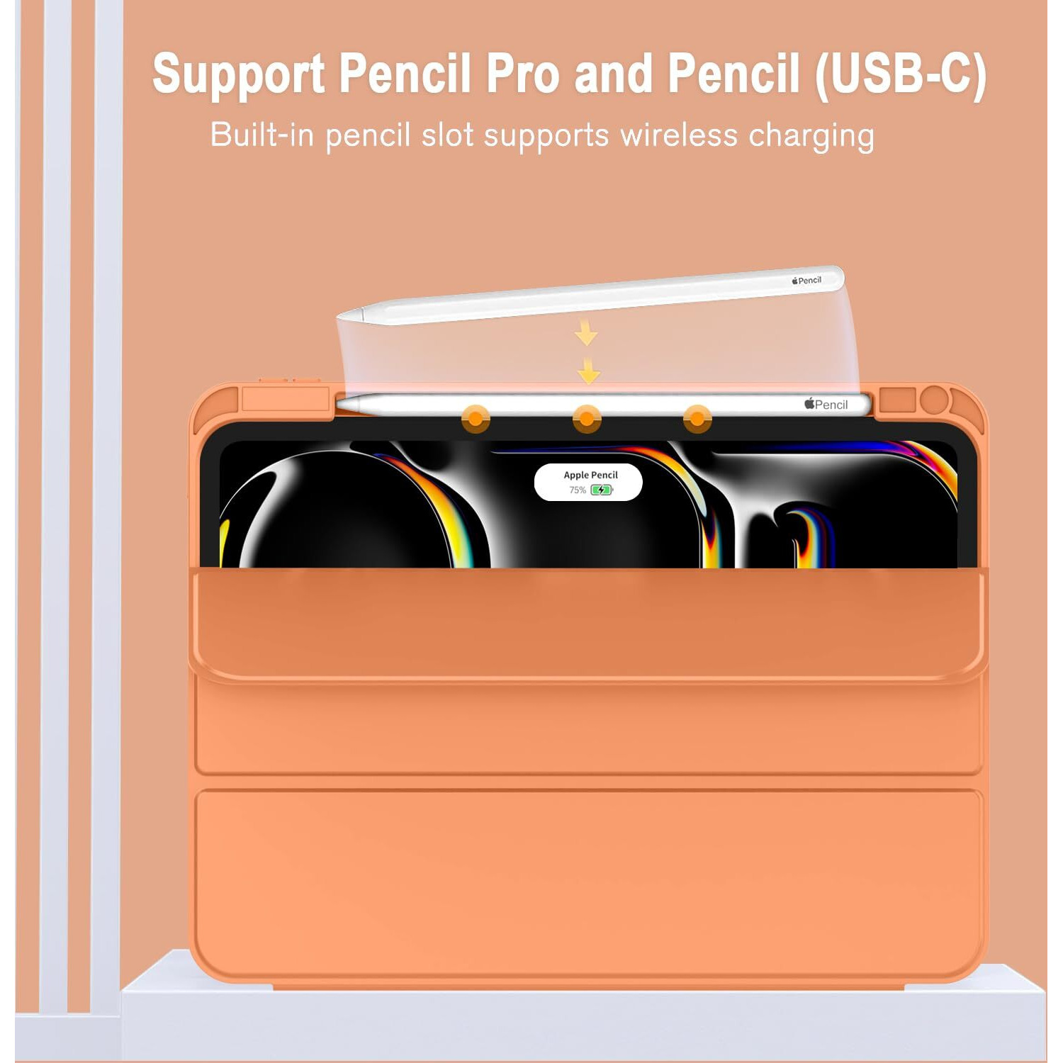 Zryxal New Ipad Pro 13 Inch Case M4 (2024 Model  7Th Generation) With Pencil Holder  Smart Ipad Case [Support Pencil Pro And Pencil (Usb-C)]  Support Touch Id And Auto Wake/Sleep (Orange)