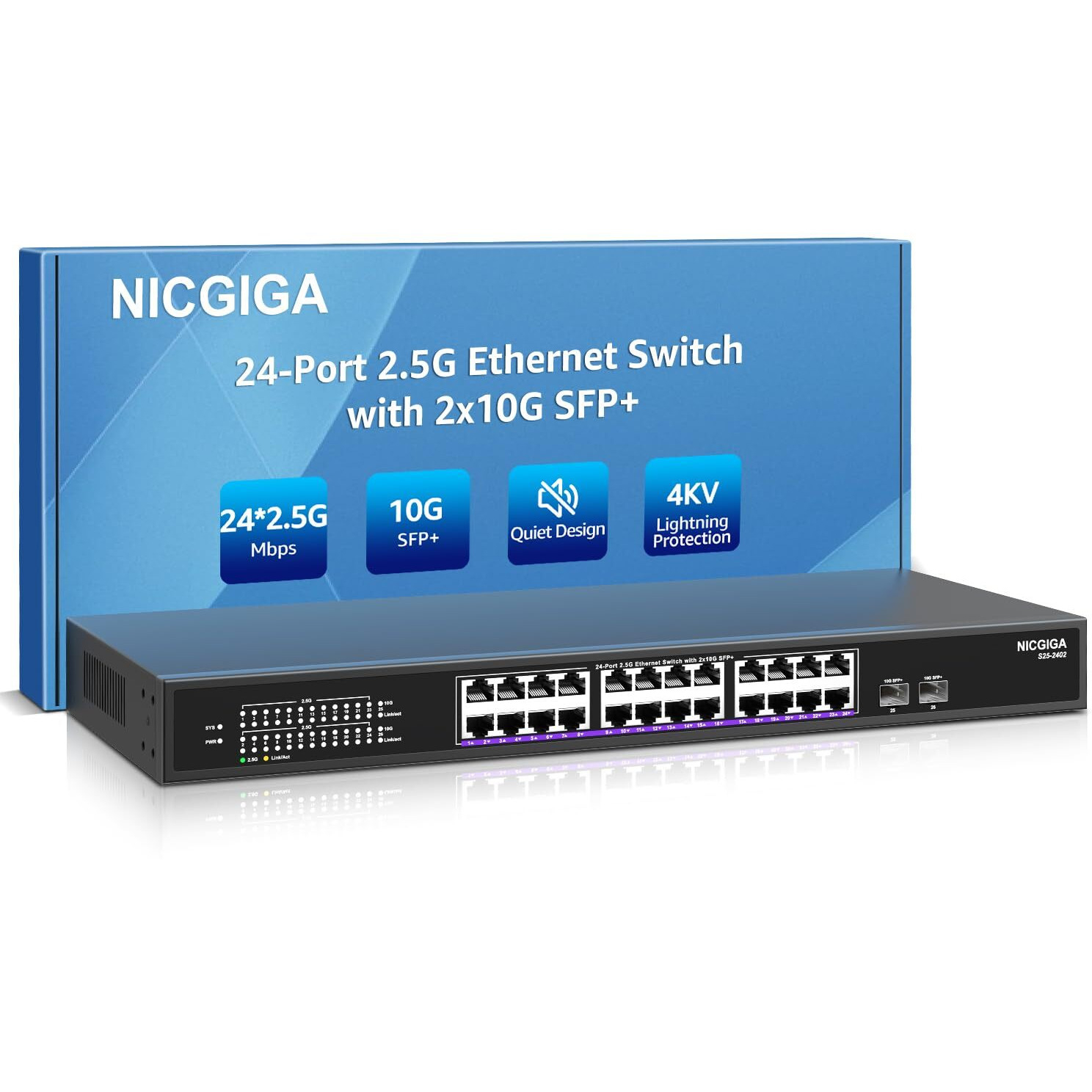 24 Port 2.5G  2 Port 10G Sfp+ Ethernet Switch  Nicgiga 26 Port 2.5Gb Network Switch Unmanaged  Plug & Play  Desktop Or 19-Inch Rack Mount  Fanless Metal Design.