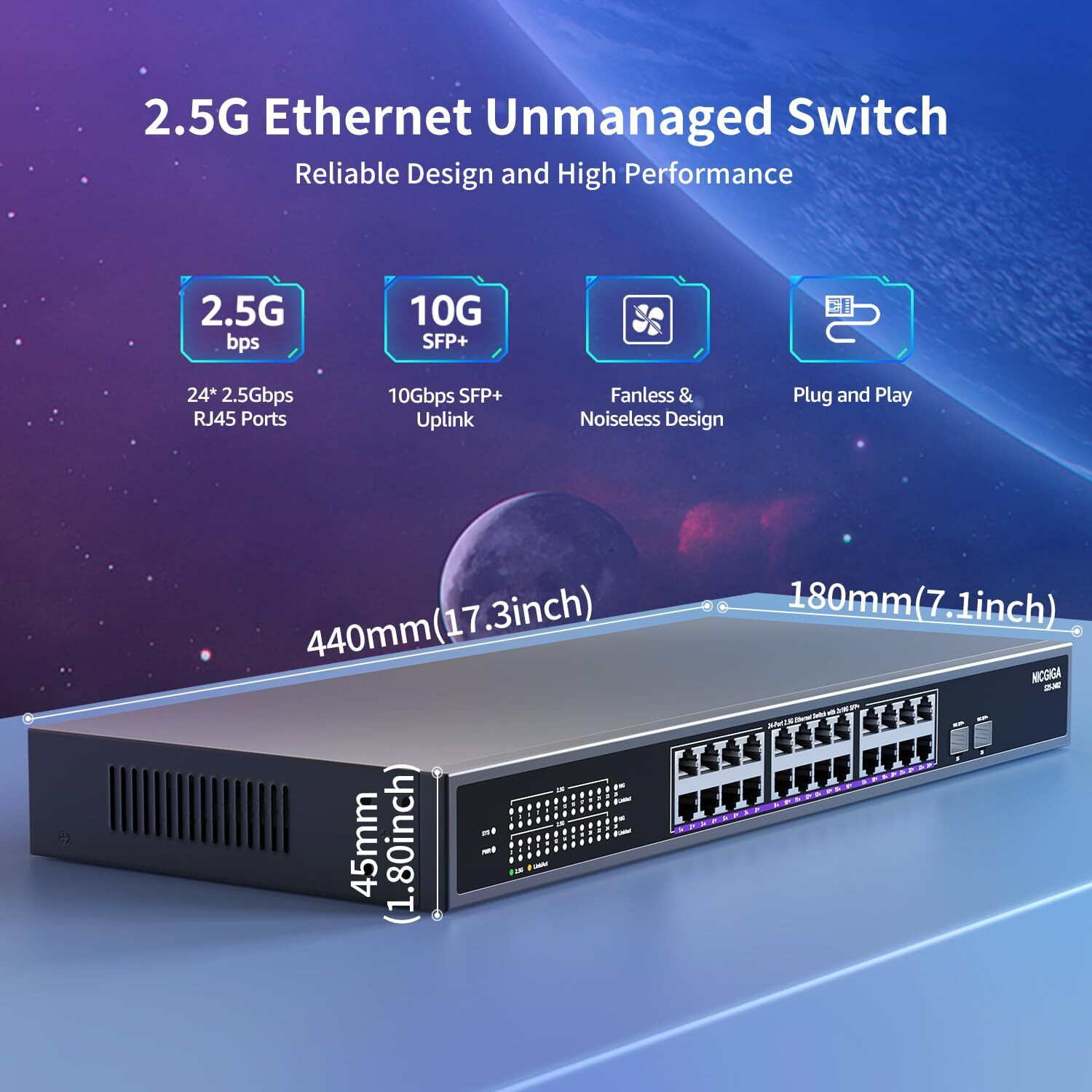 24 Port 2.5G  2 Port 10G Sfp+ Ethernet Switch  Nicgiga 26 Port 2.5Gb Network Switch Unmanaged  Plug & Play  Desktop Or 19-Inch Rack Mount  Fanless Metal Design.