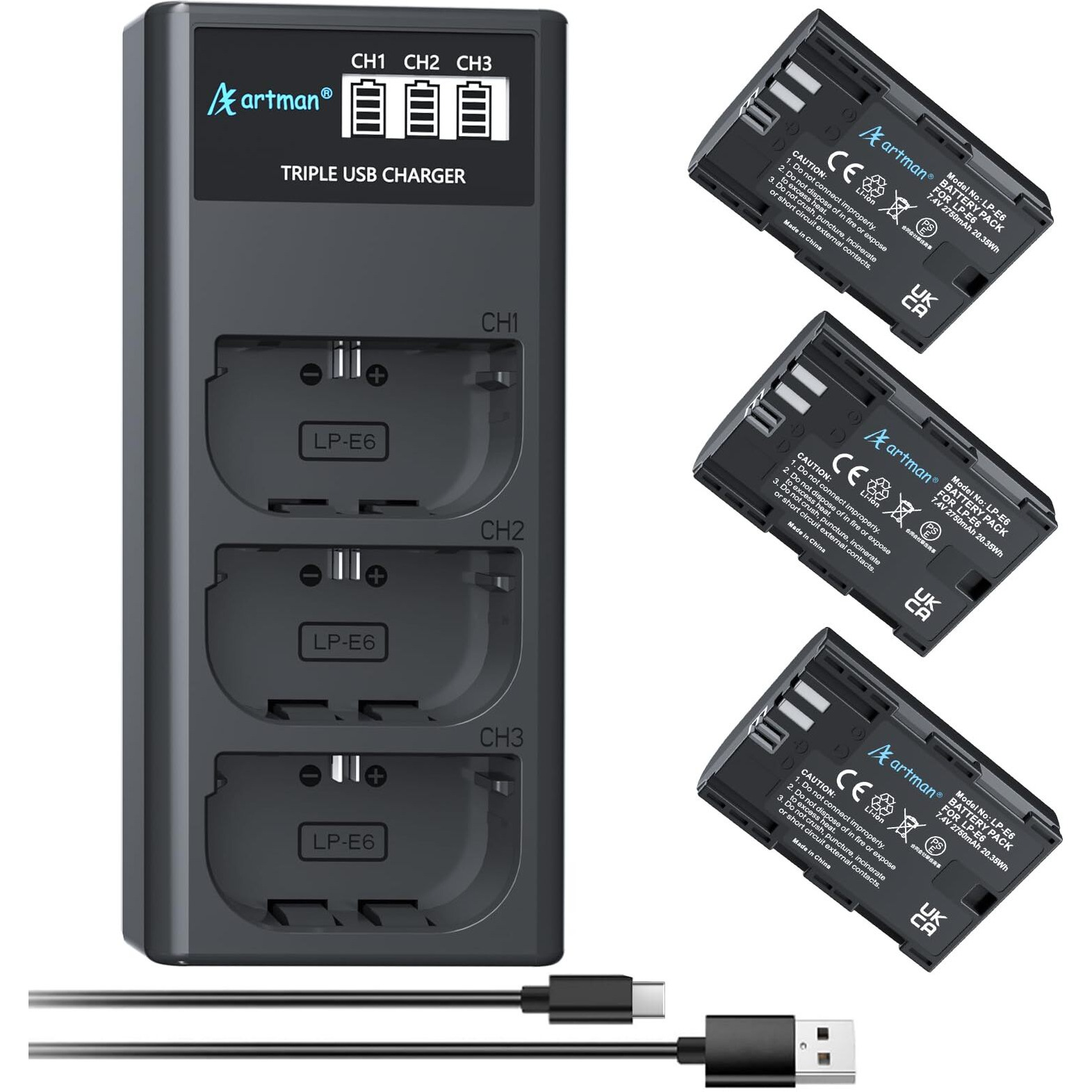 Artman 3-Pack 2750Mah Lp-E6 Lp-E6N Batteries And 3-Slot Lcd Charger Compatible With Canon Eos R6 R5 R 90D 80D 70D 60D 60Da 6D 6D Mark Ii 5D Mark Ii/Iii/Iv 5Ds 5Ds R 7D 7D Mark Ii Xc15 Xc10 Bmpcc 4K/6K