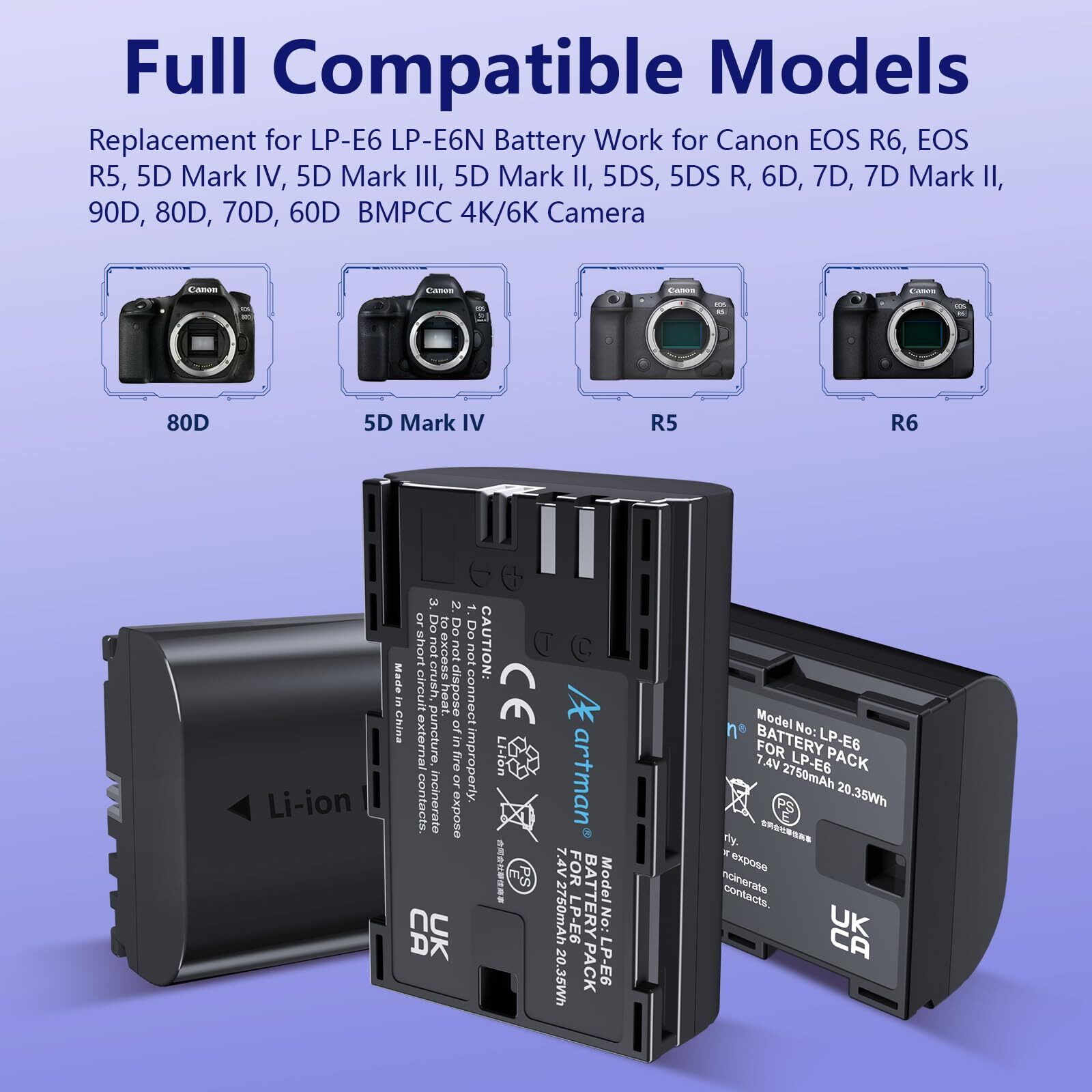 Artman 3-Pack 2750Mah Lp-E6 Lp-E6N Batteries And 3-Slot Lcd Charger Compatible With Canon Eos R6 R5 R 90D 80D 70D 60D 60Da 6D 6D Mark Ii 5D Mark Ii/Iii/Iv 5Ds 5Ds R 7D 7D Mark Ii Xc15 Xc10 Bmpcc 4K/6K