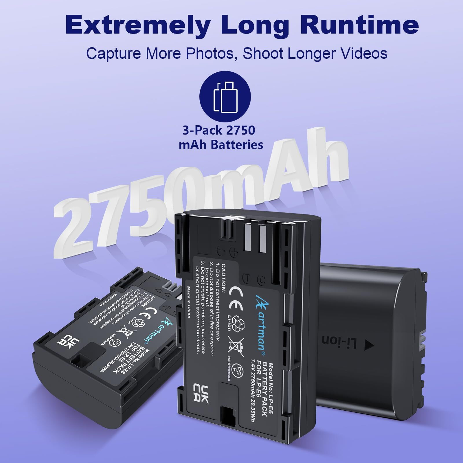 Artman 3-Pack 2750Mah Lp-E6 Lp-E6N Batteries And 3-Slot Lcd Charger Compatible With Canon Eos R6 R5 R 90D 80D 70D 60D 60Da 6D 6D Mark Ii 5D Mark Ii/Iii/Iv 5Ds 5Ds R 7D 7D Mark Ii Xc15 Xc10 Bmpcc 4K/6K