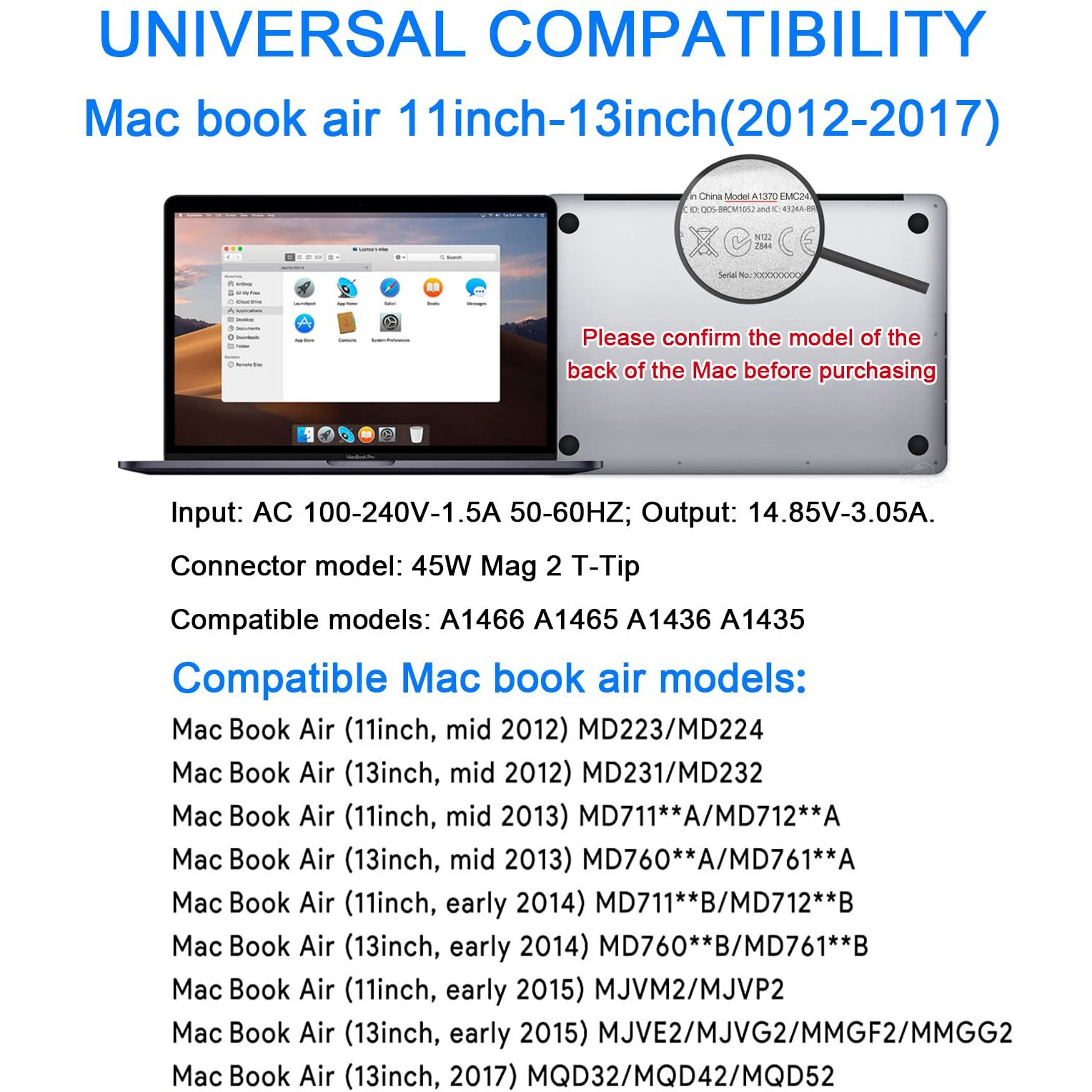 Replacement Mac Book Air Charger 45W T-Tip Ac Shape Connector Power Adapter Charger For Mac Book Air 11 Inch And 13 Inch After Mid 2012