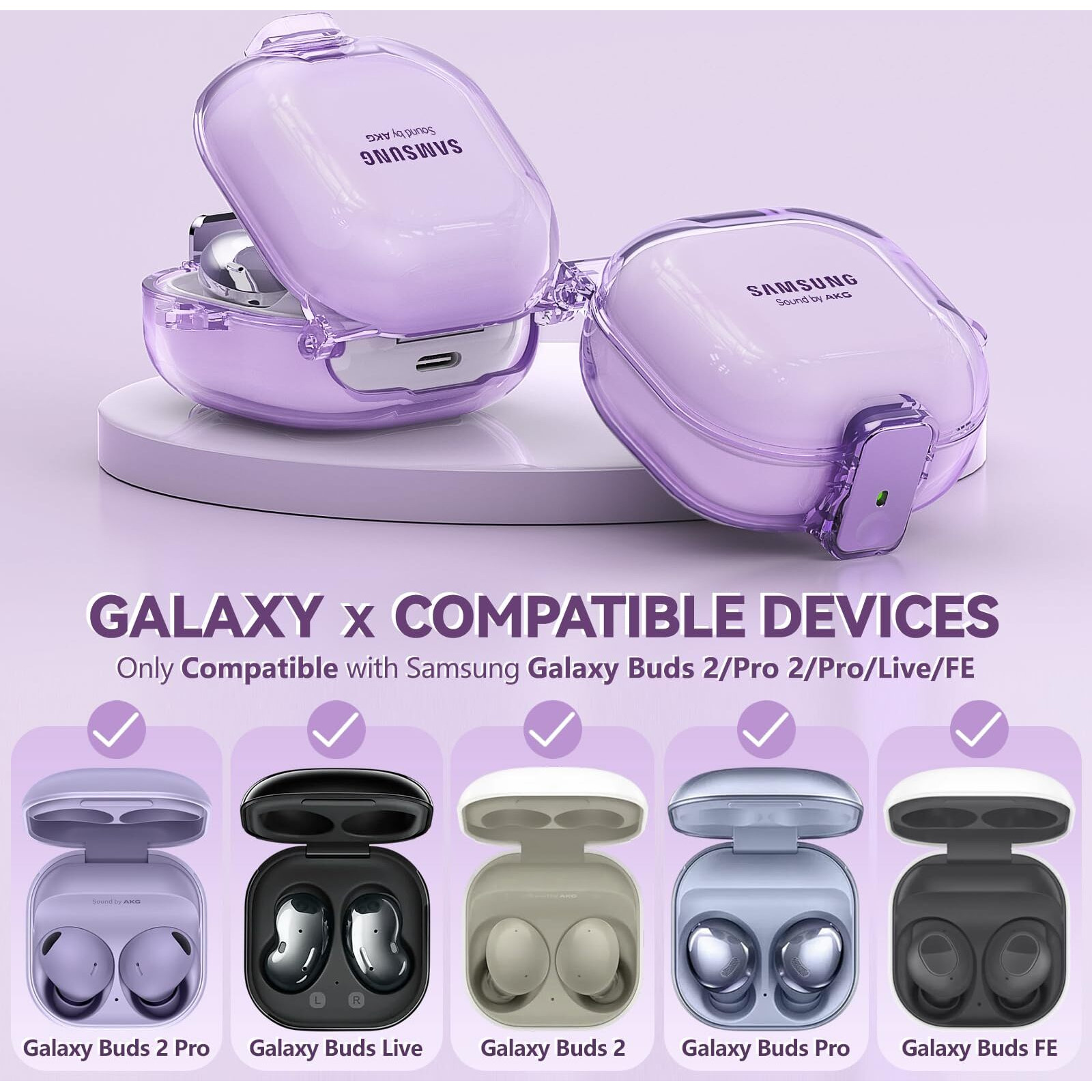 InesoreWith Safety Lock HousingFor Samsung Galaxy Buds Pro 2 Case/Buds 2 Case Cover/Galaxy Buds Fe Case/Galaxy Buds Live/Galaxy Buds Pro Case Accessories With Keychain/Silicone Wrist Strap - Purple