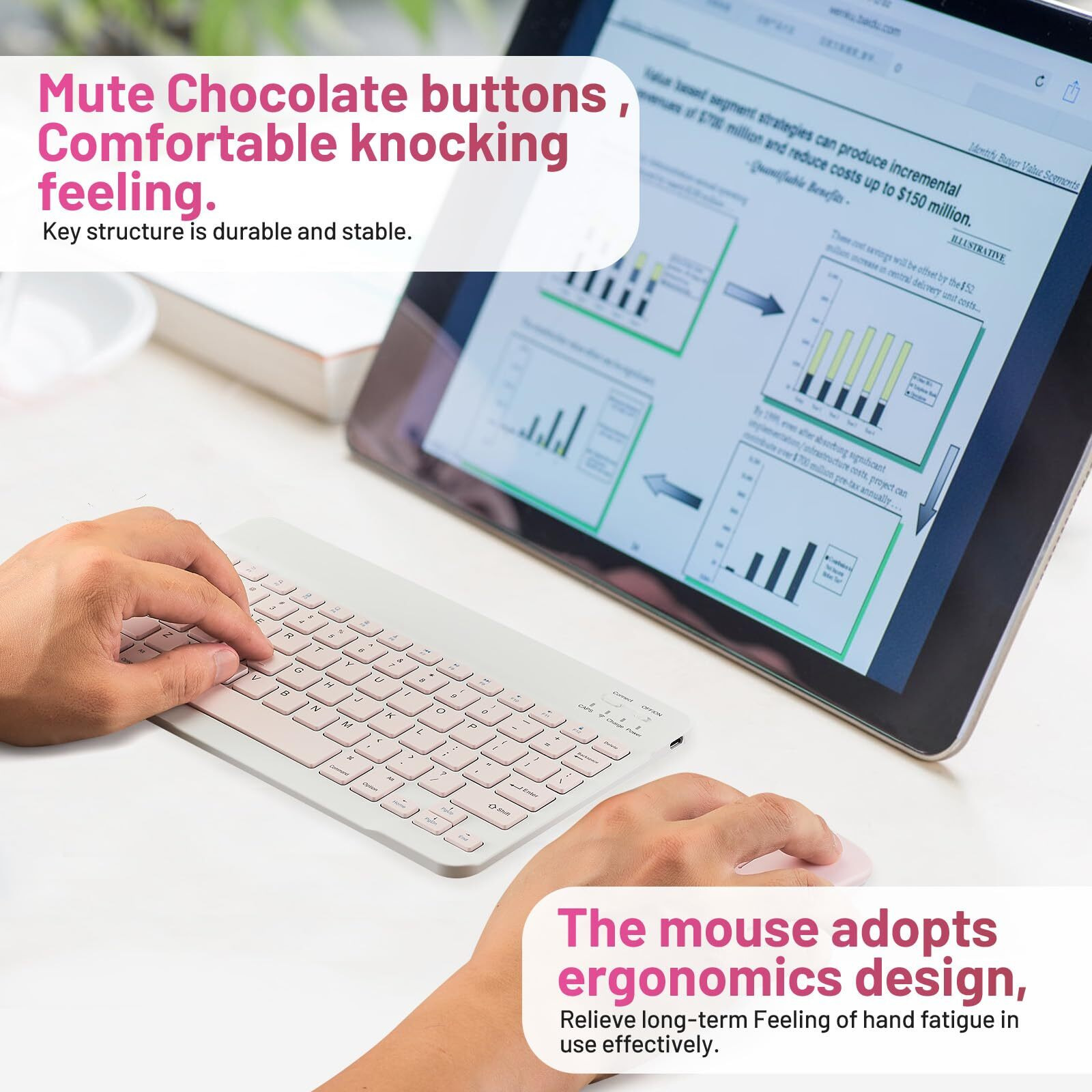 Bluetooth Keyboard And Mouse Combo Rechargeable Portable Wireless Keyboard Mouse Set For Apple Ipad Iphone Ios 13 And Above Samsung Tablet Phone Smartphone Android Windows (10 Inch Pink)