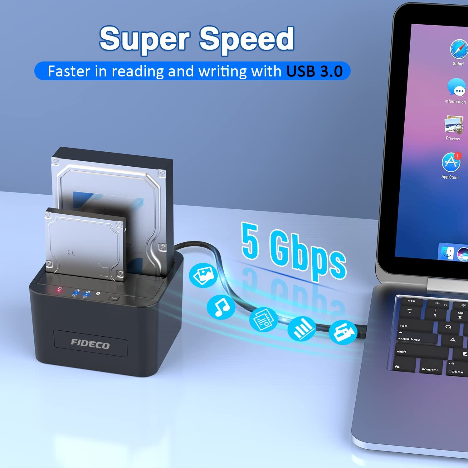 Fideco Hard Drive Docking Station  Usb 3.0 Sata Hdd Docking Station For 2.5 & 3.5 Inch Sata Hdd/Ssd  Dual Bay  Support Offline Clone And Uasp