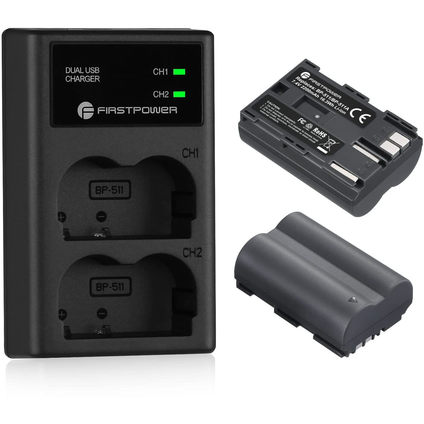 Firstpower Bp-511 Bp-511A Battery 2-Pack 2200Mah And Dual Usb Charger For Canon Eos 5D 10D 20D 20Da 30D 40D 50D 300D D30 D60 And More Camera