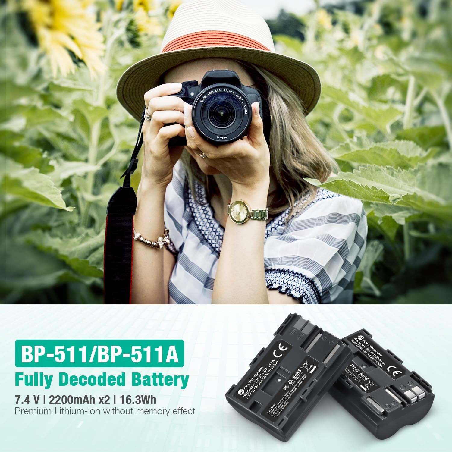 Firstpower Bp-511 Bp-511A Battery 2-Pack 2200Mah And Dual Usb Charger For Canon Eos 5D 10D 20D 20Da 30D 40D 50D 300D D30 D60 And More Camera