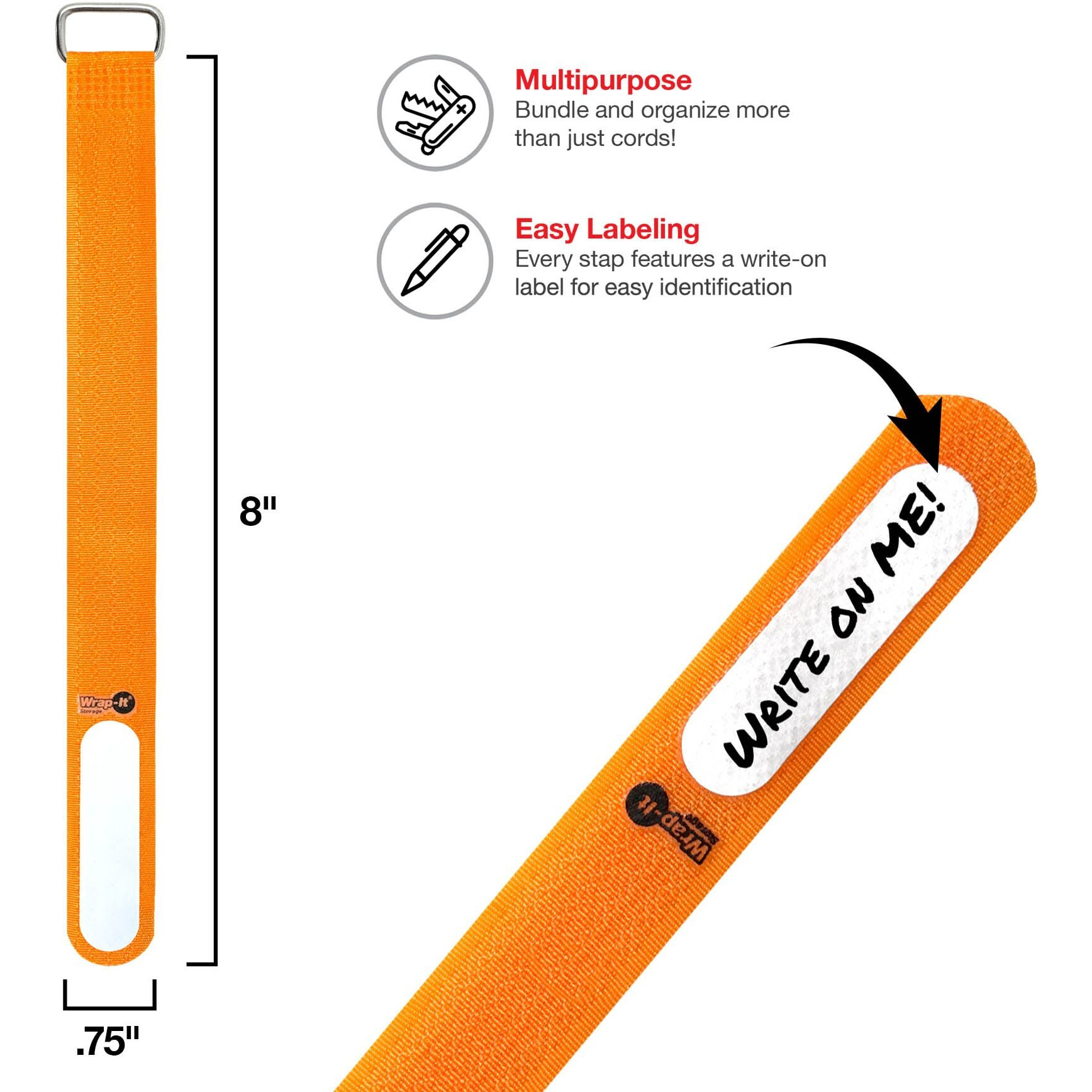 Wrap-It Storage Cinch-Straps  8"" 18 Pack (Orange)  Features Buckle And Label For Cord Identification  Reusable Multi-Purpose Securing Cable Straps  Cord Wrap  Cord Organizers