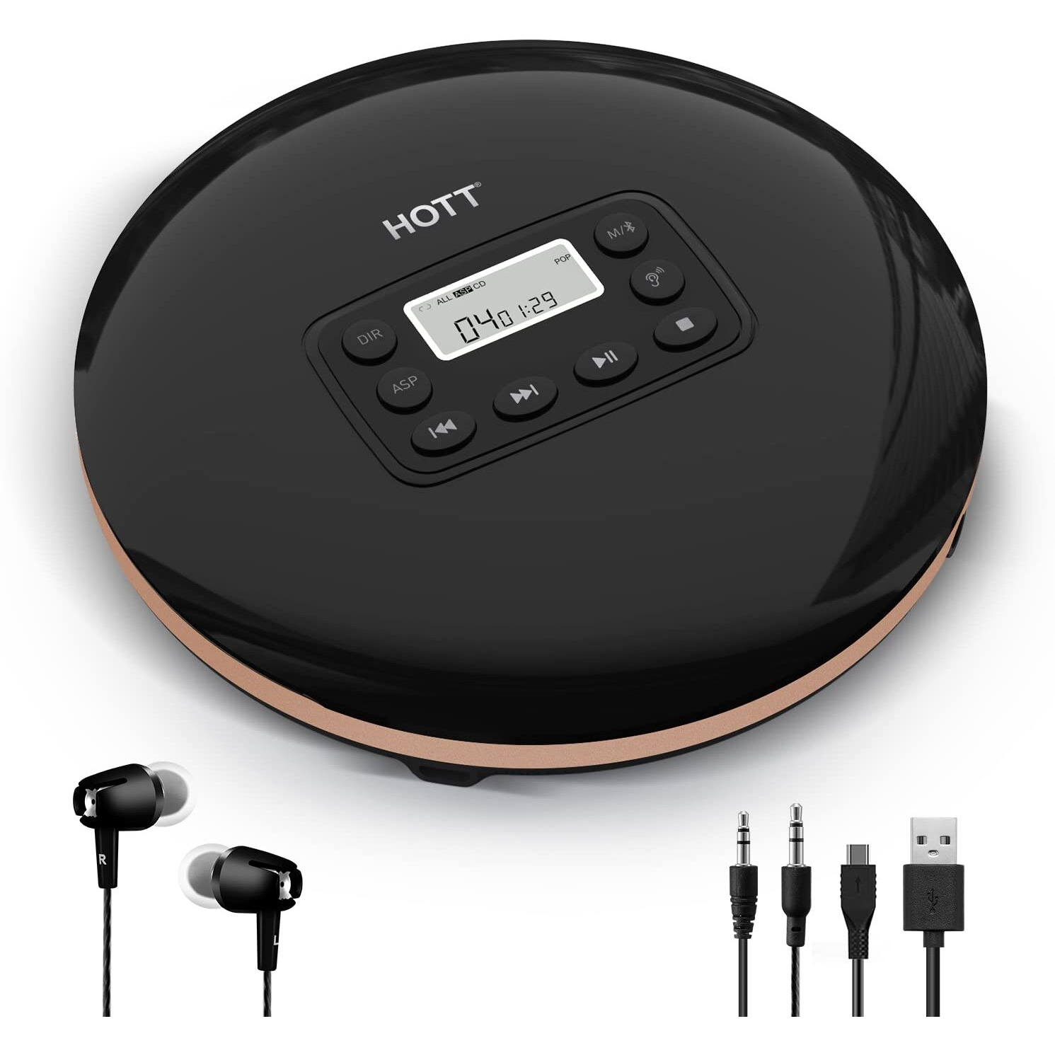 Hott Cd711T Bluetooth Rechargeable Portable Cd Player For Home Travel And Car With Stereo Headphones And  Anti Shock Protection-Black