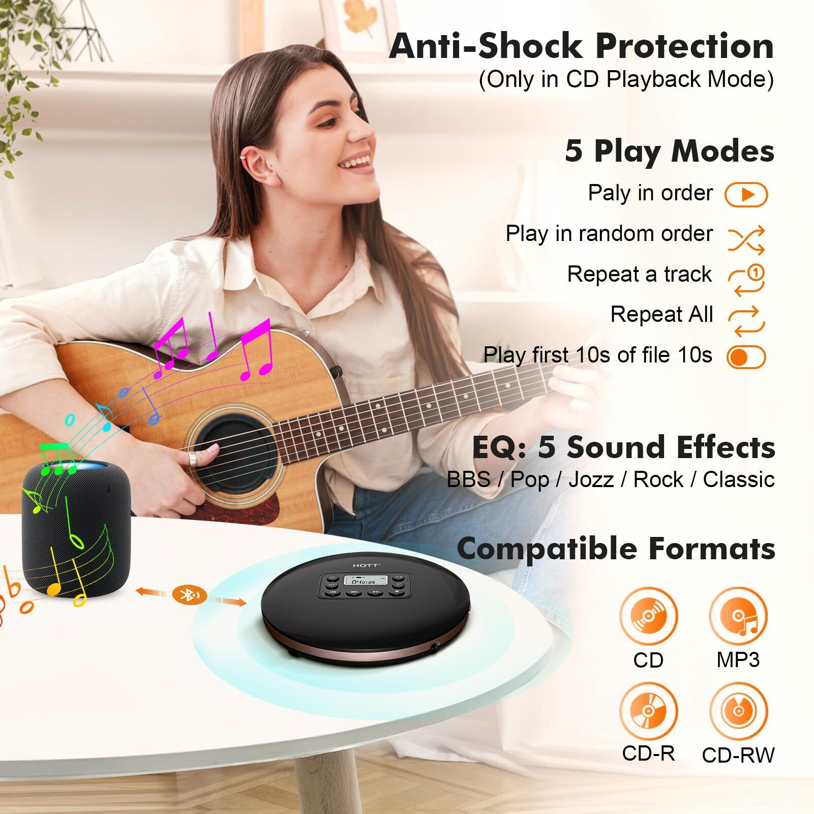 Hott Cd711T Bluetooth Rechargeable Portable Cd Player For Home Travel And Car With Stereo Headphones And  Anti Shock Protection-Black