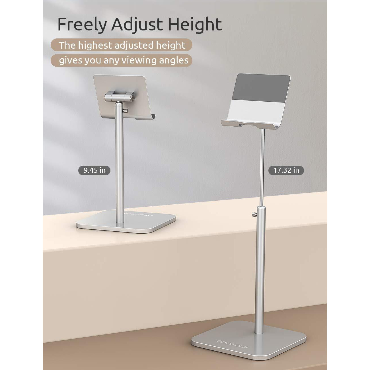Odosola Tablet Stand Height Angle Adjustable  Eye-Level Desktop Ipad Stands Tablet Holder For Home Office  Cradle Dock For Ipad Pro 12.9  Air Mini 4  Kindle  E-Reader  Nexus  Iphone (4-13'') Silver