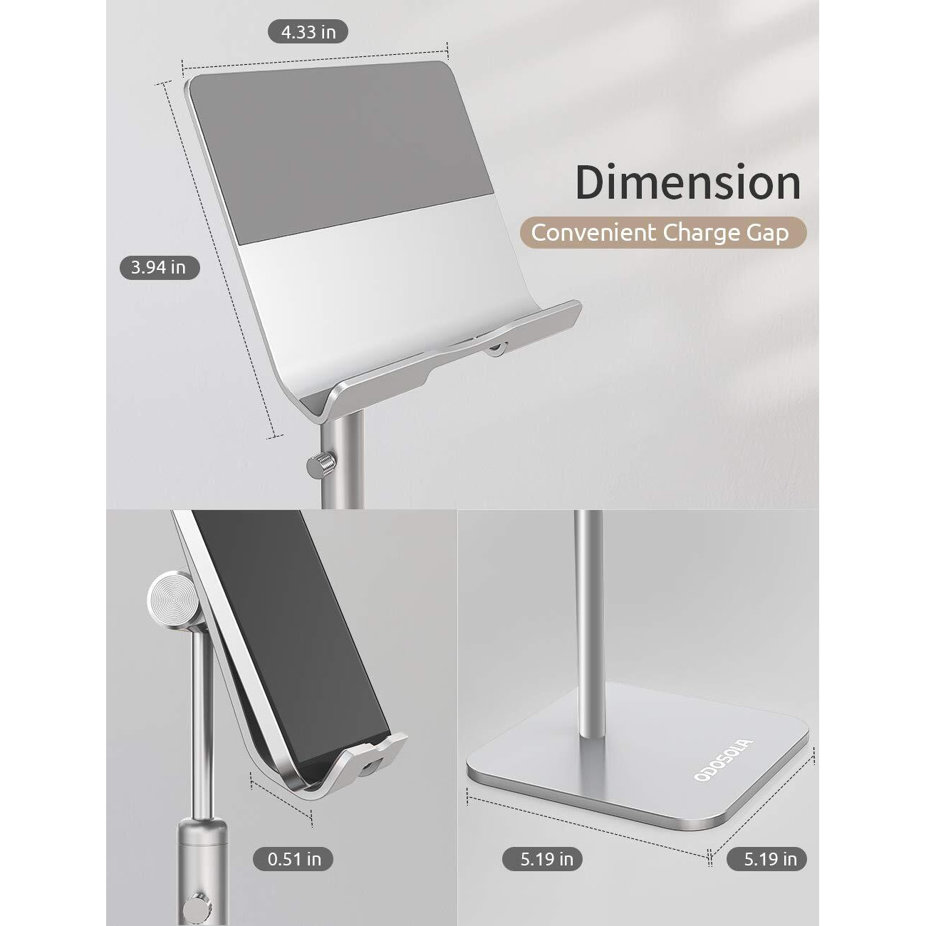 Odosola Tablet Stand Height Angle Adjustable  Eye-Level Desktop Ipad Stands Tablet Holder For Home Office  Cradle Dock For Ipad Pro 12.9  Air Mini 4  Kindle  E-Reader  Nexus  Iphone (4-13'') Silver