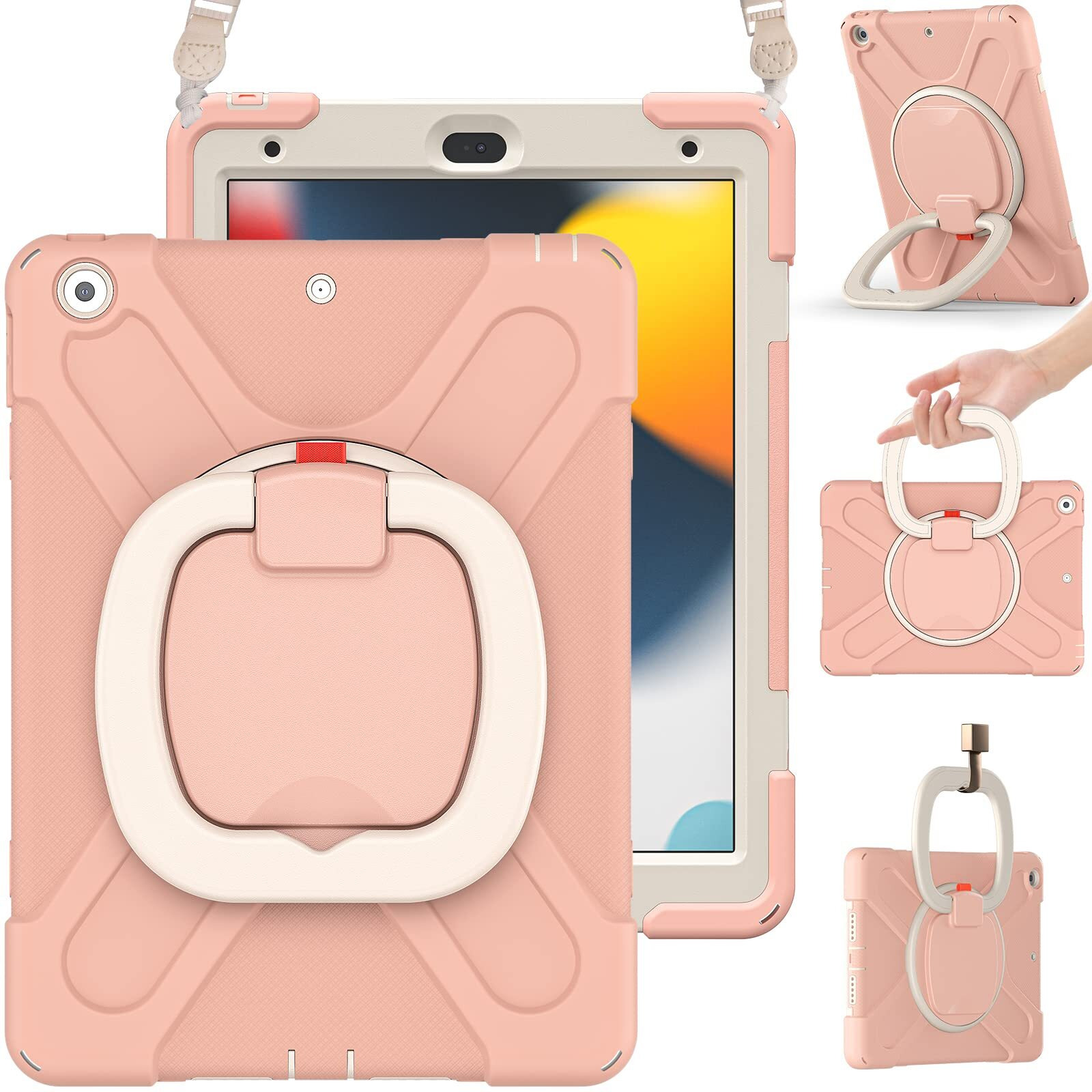 Braecn Case For Ipad 9Th/8Th/7Th Gen  Protective Kids Silicone Case With Shoulder Strap  Handle Grip  Stand  Built-In Screen Protector  Pencil Holder For Ipad 10.2 9/8/7 Gen 2021/2020/2019-Rose Gold