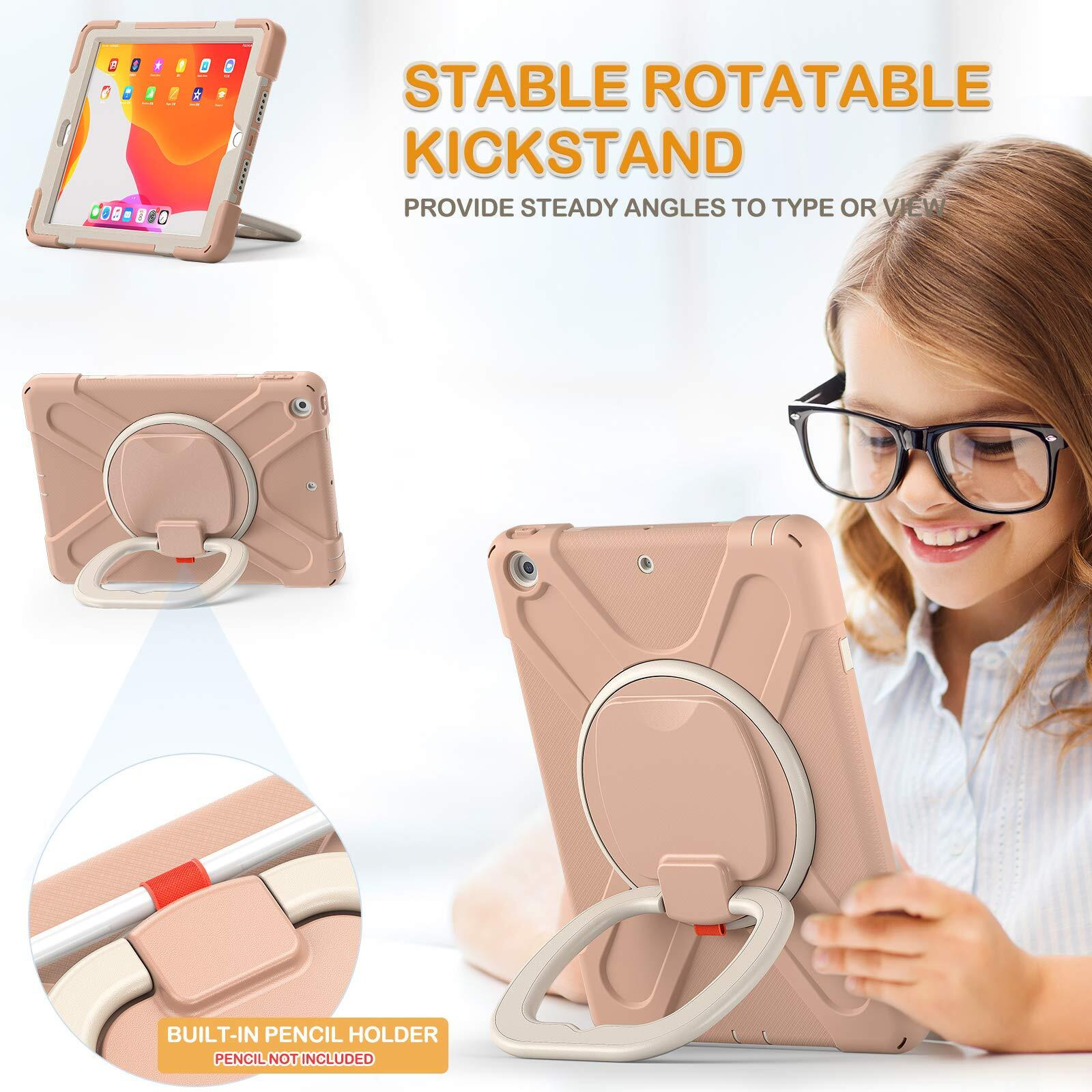 Braecn Case For Ipad 9Th/8Th/7Th Gen  Protective Kids Silicone Case With Shoulder Strap  Handle Grip  Stand  Built-In Screen Protector  Pencil Holder For Ipad 10.2 9/8/7 Gen 2021/2020/2019-Rose Gold
