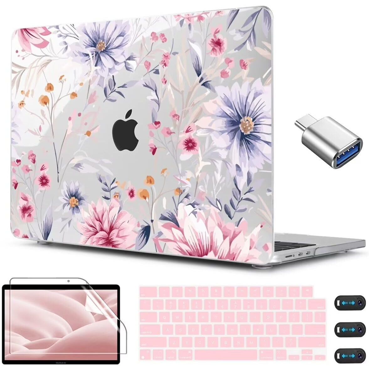 Cissook Flower Case For Macbook Air 13.6 Inch M3 A3113 A2681 M2 Model 2024-2022 Released  Plastic Shell Cover With Keyboard Cover Screen Protector For Macbook Air 13 With Touch Id  Flowers Watercolor