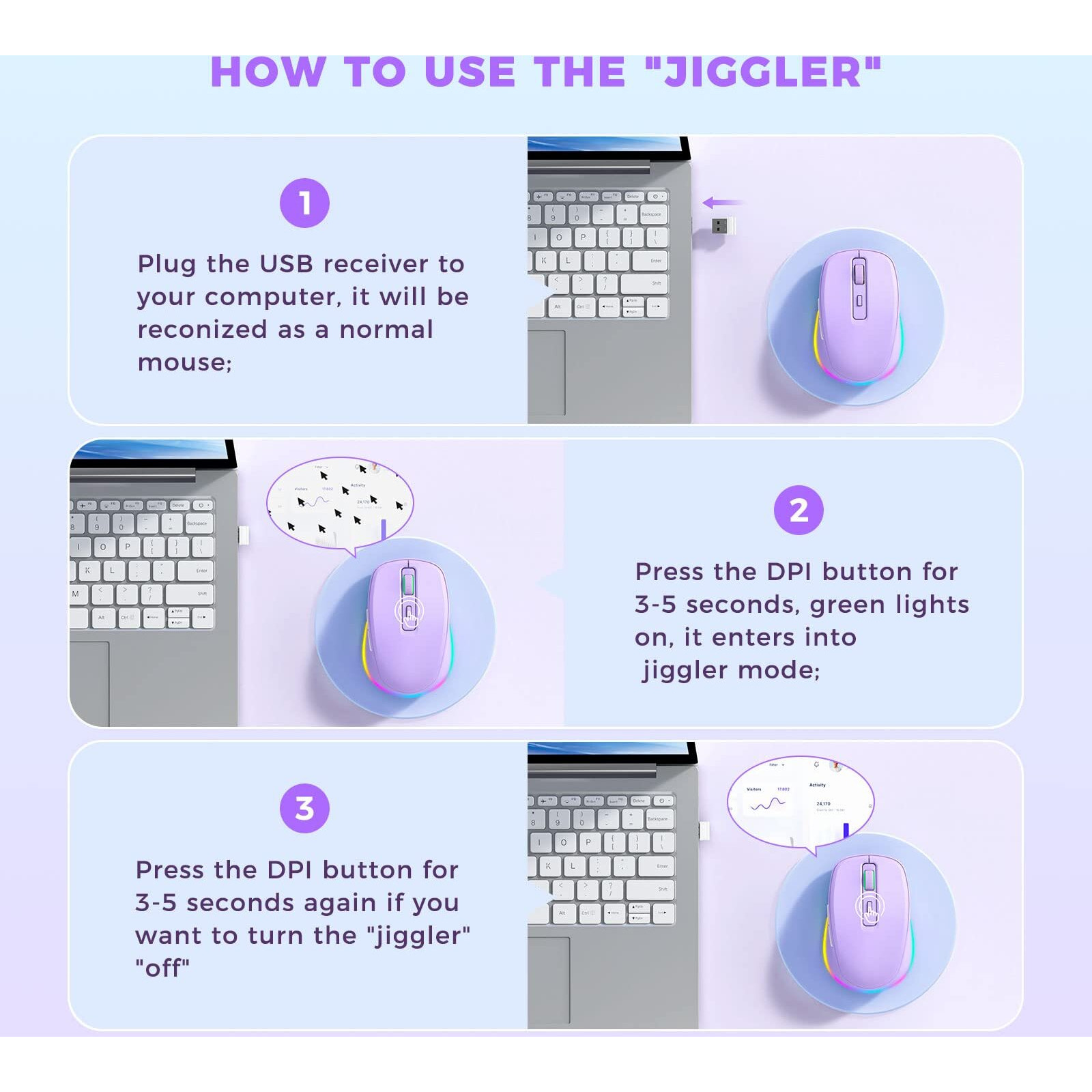 Wireless Mouse Jiggler - Led Wireless Mice With Build-In Mouse Mover  Rechargeable Moving Mouse For Laptop With Undetectable Random Movement Keeps Computers Awake - Purple