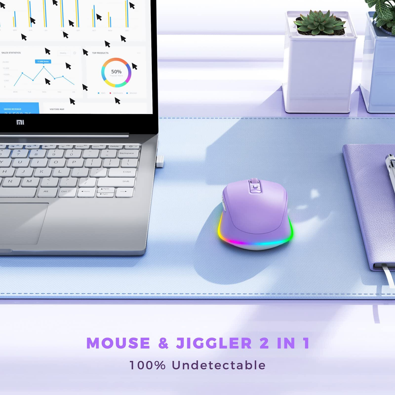 Wireless Mouse Jiggler - Led Wireless Mice With Build-In Mouse Mover  Rechargeable Moving Mouse For Laptop With Undetectable Random Movement Keeps Computers Awake - Purple