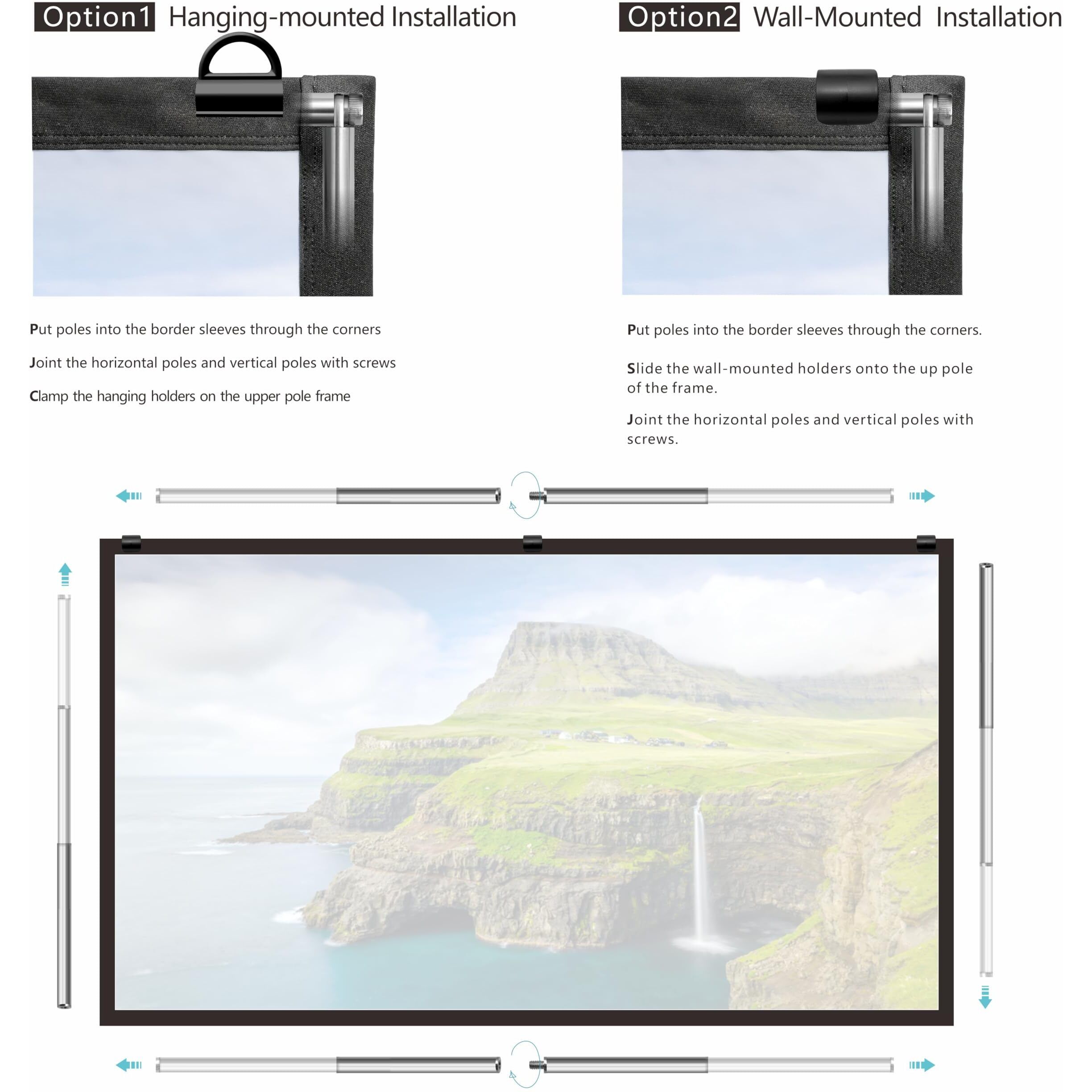 Foldable Projector Screen 70 Inch With Stainless Steel Telescopic Rod Combination Frame 169 Hd 4K Anti-Crease Black Backing Silver Portable Projection Screen