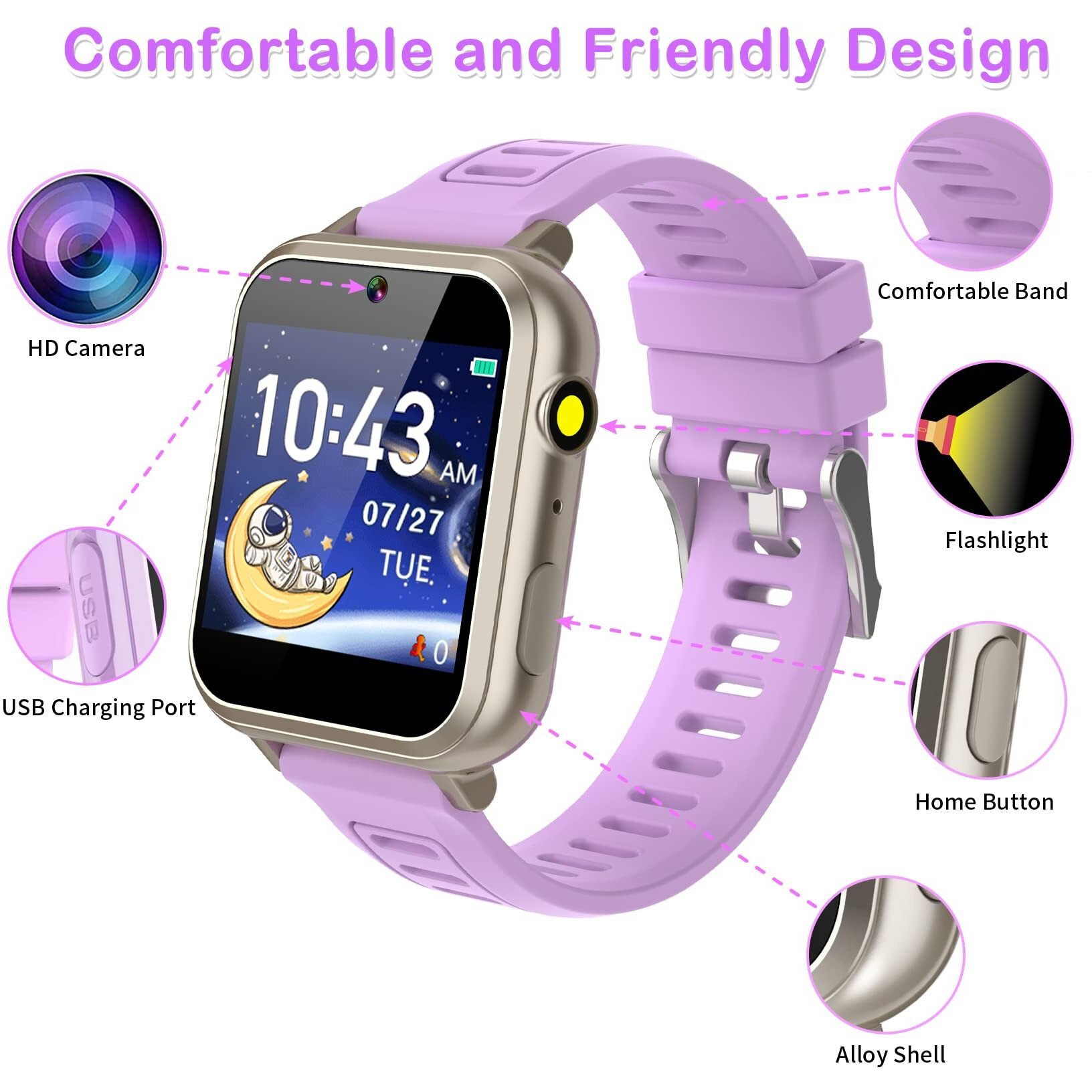 Kids Smart Watch Girls Ages 4-12  Smart Watch For Kids With Hd Touch Screen 24 Games Camera Video Alarm Music Pedometer Flashlight 12/24 Hr Educational Toys Birthday Gifts For Girls Age 6 7 8 9 10
