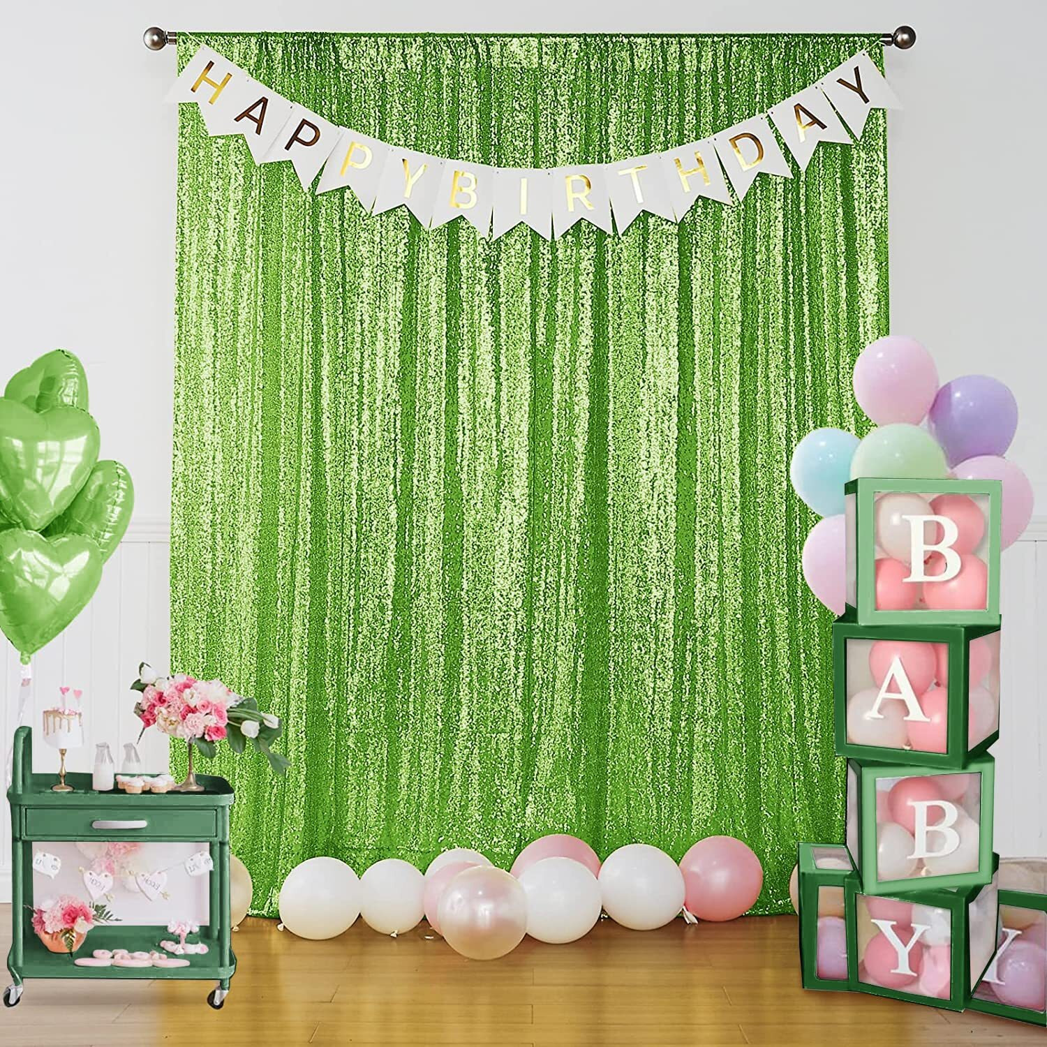 Sugargirl Green Sequin Backdrop Curtain 4 Panels 2Ftx8Ft Glitter Green Background Drapes Sparkle Photography Backdrop For Party Wedding Birthday Wall Decoration