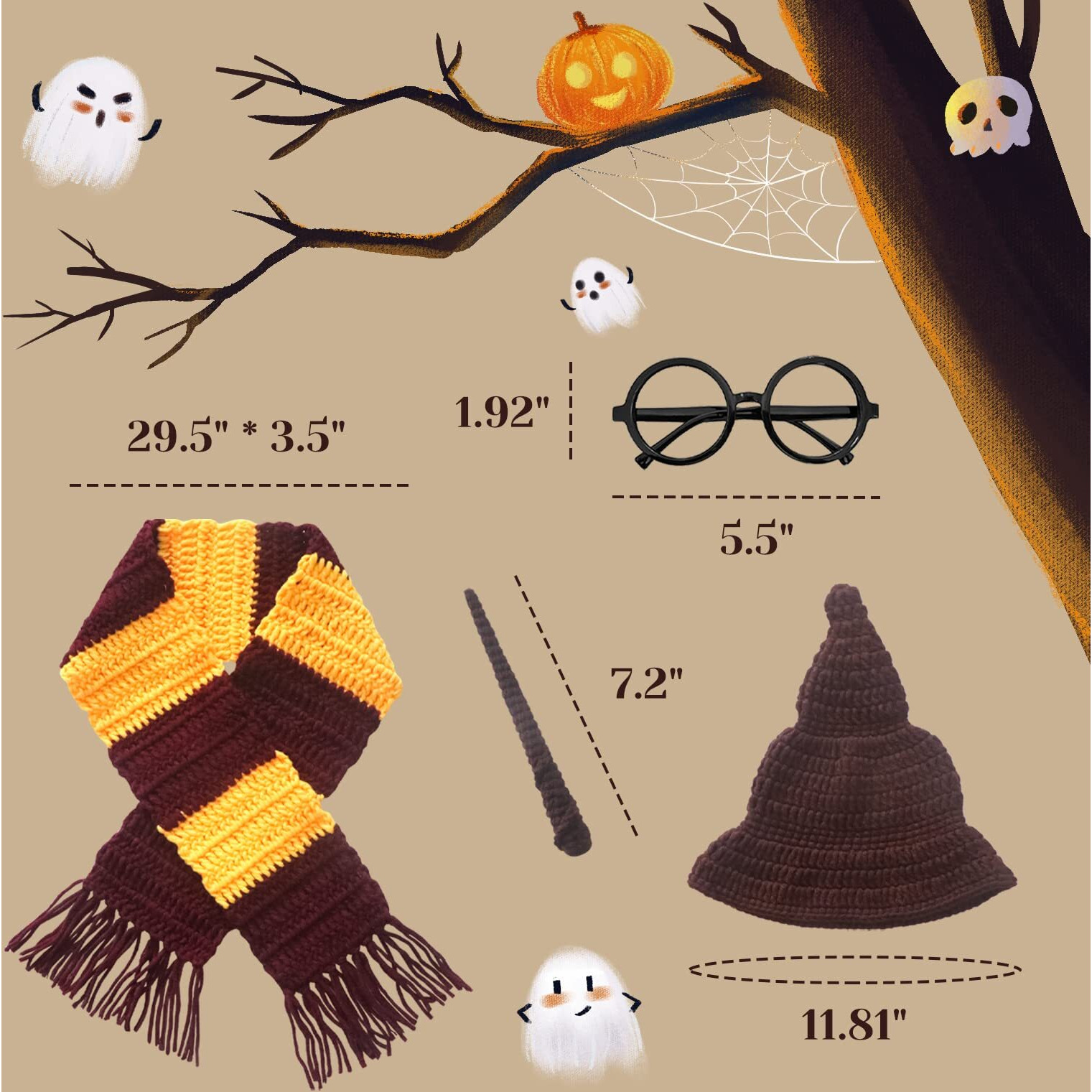 Newborn Photography Props Halloween Wizard Witch Hat Scarf Wand Glasses Frame 4 Pcs Set Crochet Baby Photo Prop Halloween Baby Photoshoot Props Halloween Magic Party Cosplay Set