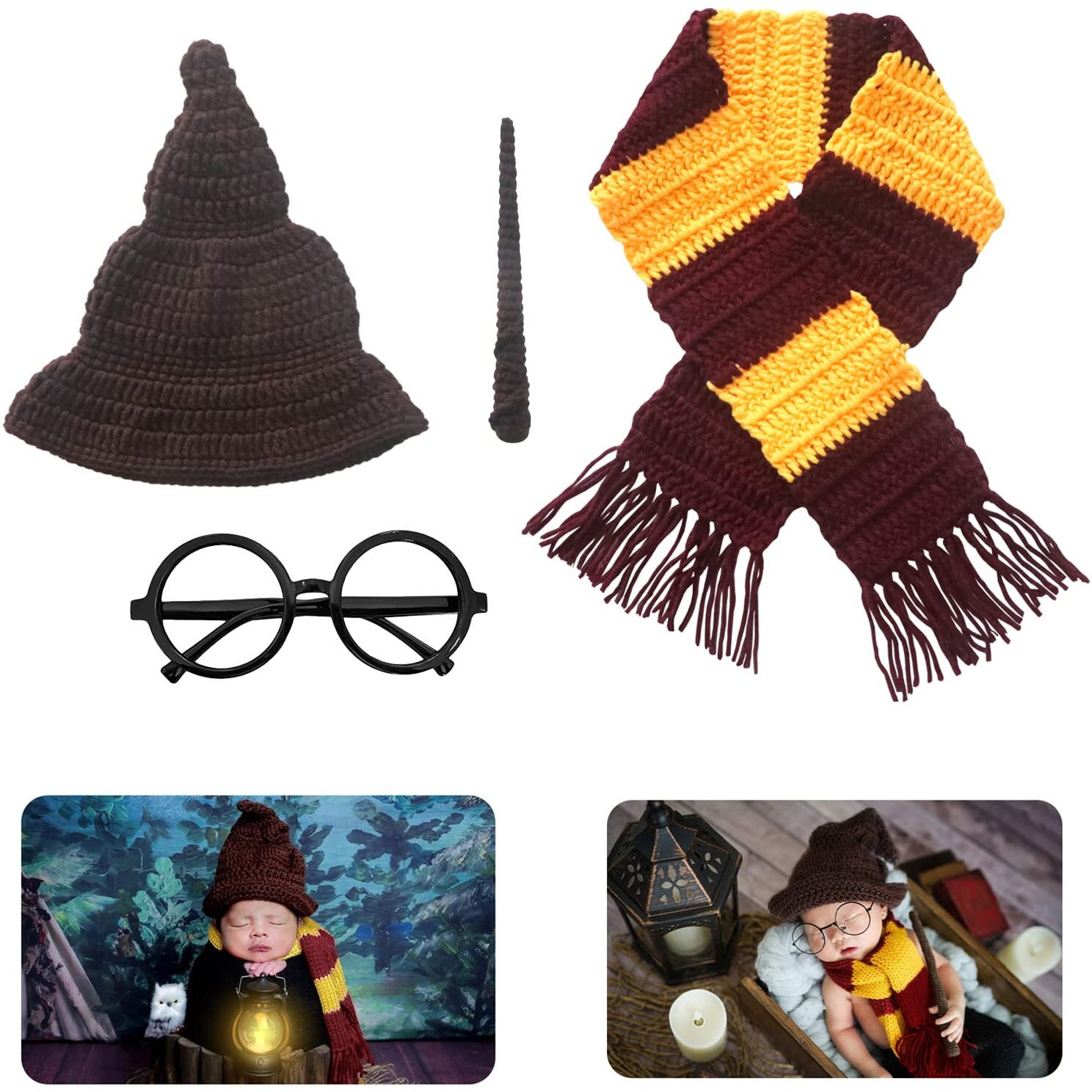 Newborn Photography Props Halloween Wizard Witch Hat Scarf Wand Glasses Frame 4 Pcs Set Crochet Baby Photo Prop Halloween Baby Photoshoot Props Halloween Magic Party Cosplay Set