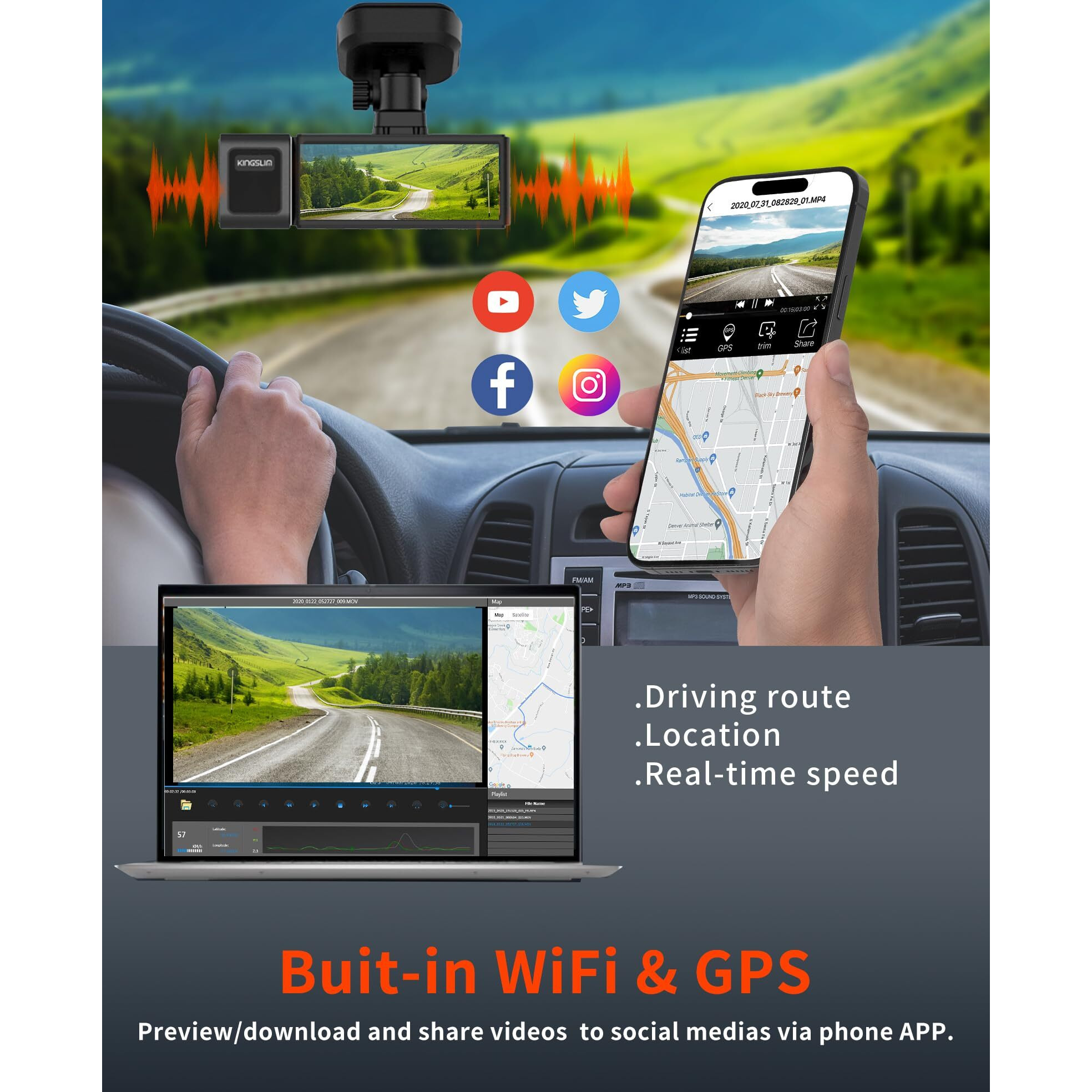 Kingslim D4Pro Dash Cam Front And Rear - 4K + 2K Dual Car Dashcam With Wifi Gps Dash Camera  Optional Inside Recording  Voice Control  Type C  Support 256Gb Max