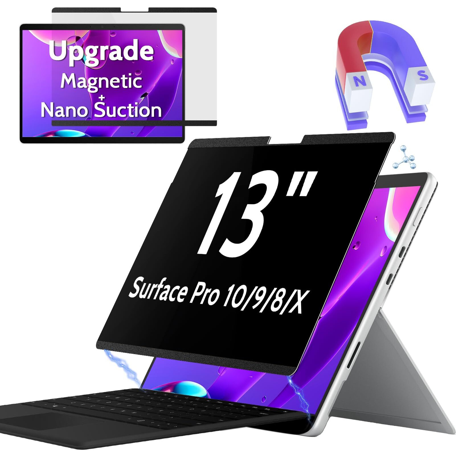 Peslv Magnetic Privacy Screen For Surface Pro 11/10/9/8/X 13 Inch  Removable Anti Blue Light Glare Filter  Black Security Private Apy Block Protector
