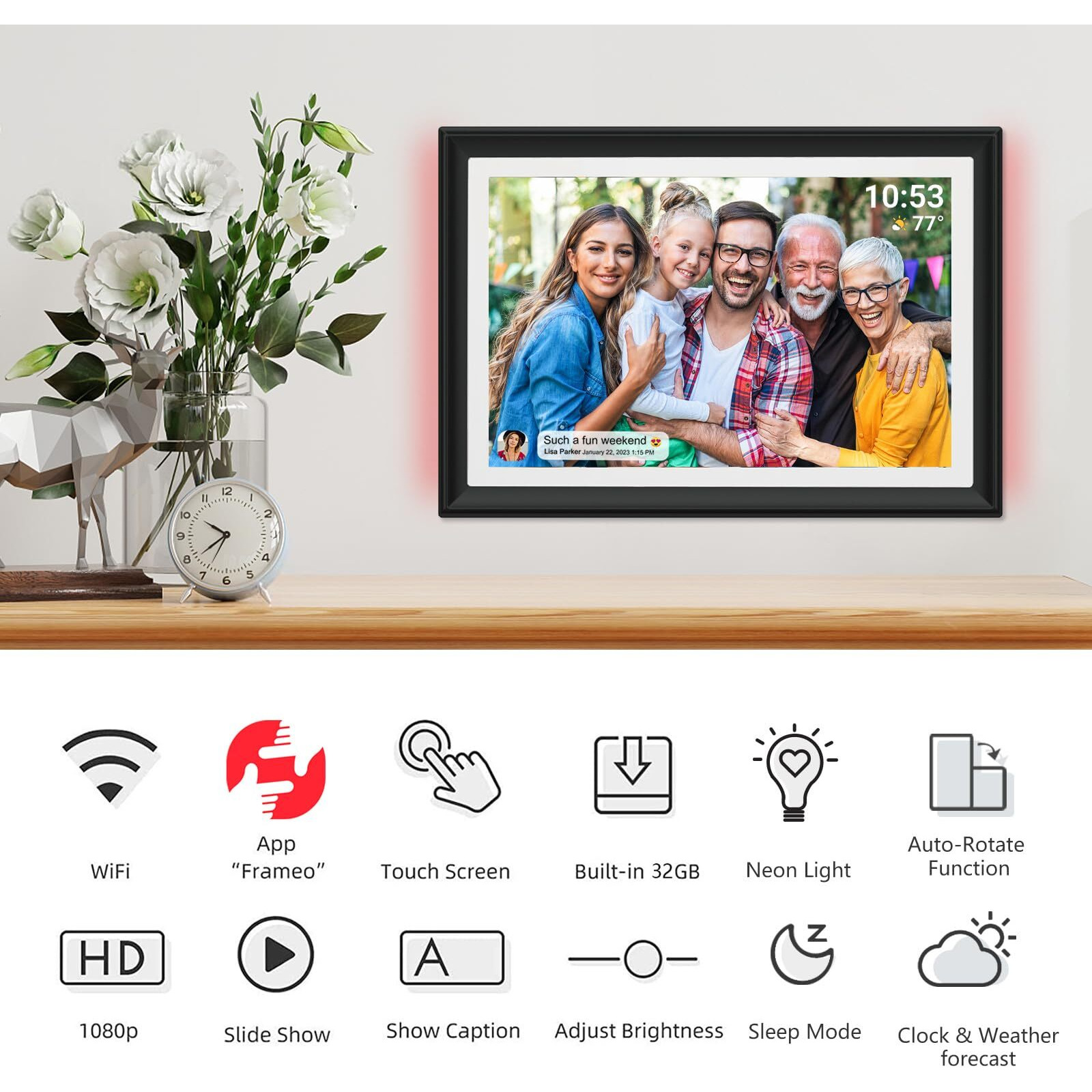 32Gb Frameo 10.1 Inch Wifi Digital Photo Frame With Led Light  1280X800 Hd Ips Lcd Touch Screen  Auto-Rotate Portrait And Landscape  32Gb Storage  Share Moments Instantly Via Frameo App From Anywhere