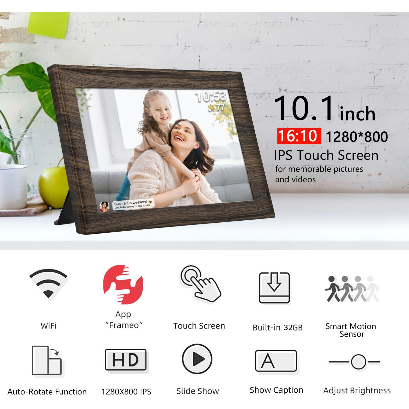 32Gb Frameo 10.1 Inch Smart Wifi Digital Photo Frame 1280X800 Hd Ips Lcd Touch Screen  Auto-Rotate  Motion Sensor  Built In 32Gb Memory  Share Moments Instantly Via Frameo App From Anywhere