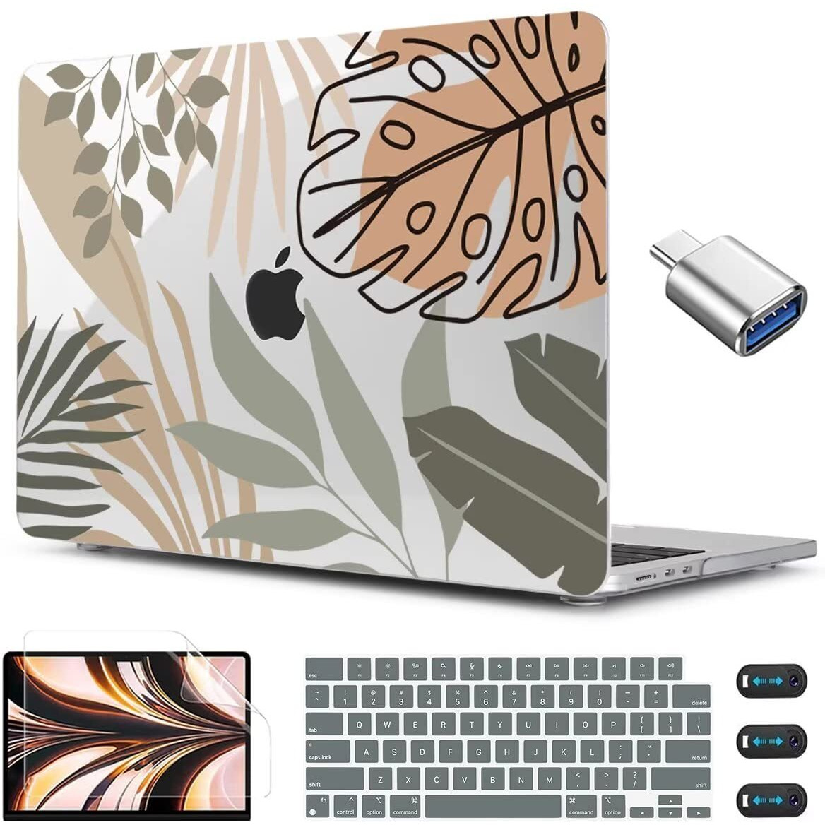 Cissook Compatible With Macbook Air 13.6 Inch Case M3 2024 2022 Release A3113 A2681 M2 With Touch Id  Tropical Hard Shell Case With Keyboard Cover Type-C To Usb Adapter For Macbook Air M2/M3 2022-2024