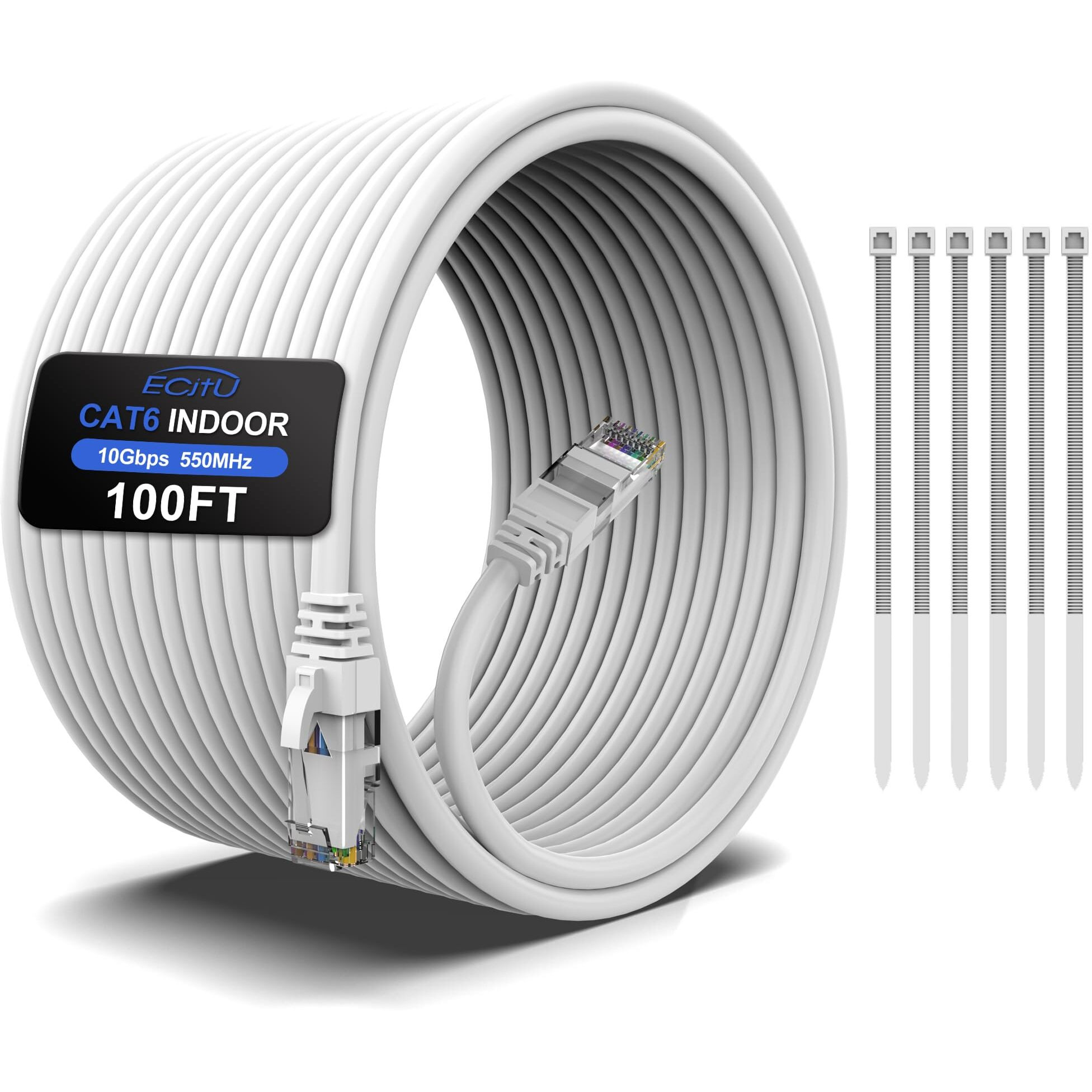 100 Feet Cat6 Ethernet Cable  Cat 6 Patch Cable  Cat6 Internet Cable  Poe  Utp Network Cable  Indoor And Outdoor  24Awg Cca  Compatible For Pc  Tv  Router  Switch  Server  With 25 Cable Ties - White