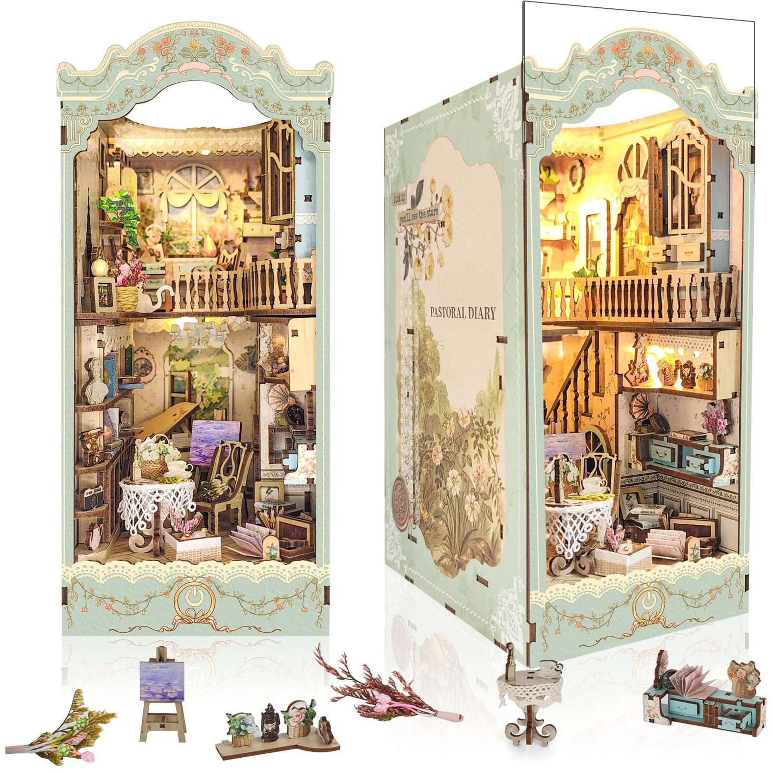 Diy Book Nook Kit Dollhouse Booknook Bookshelf Insert Decor 3D Wooden Puzzles With Led Dust Cover Book Nook Miniature Kit Birthday Halloween Home Decor For Teens Adult-Countryside Diary